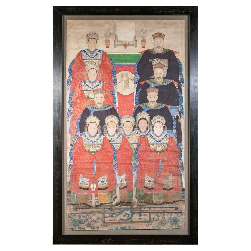 Monumental Hand Painted Chinese Scroll With Ancestors In Custom Frame For Sale