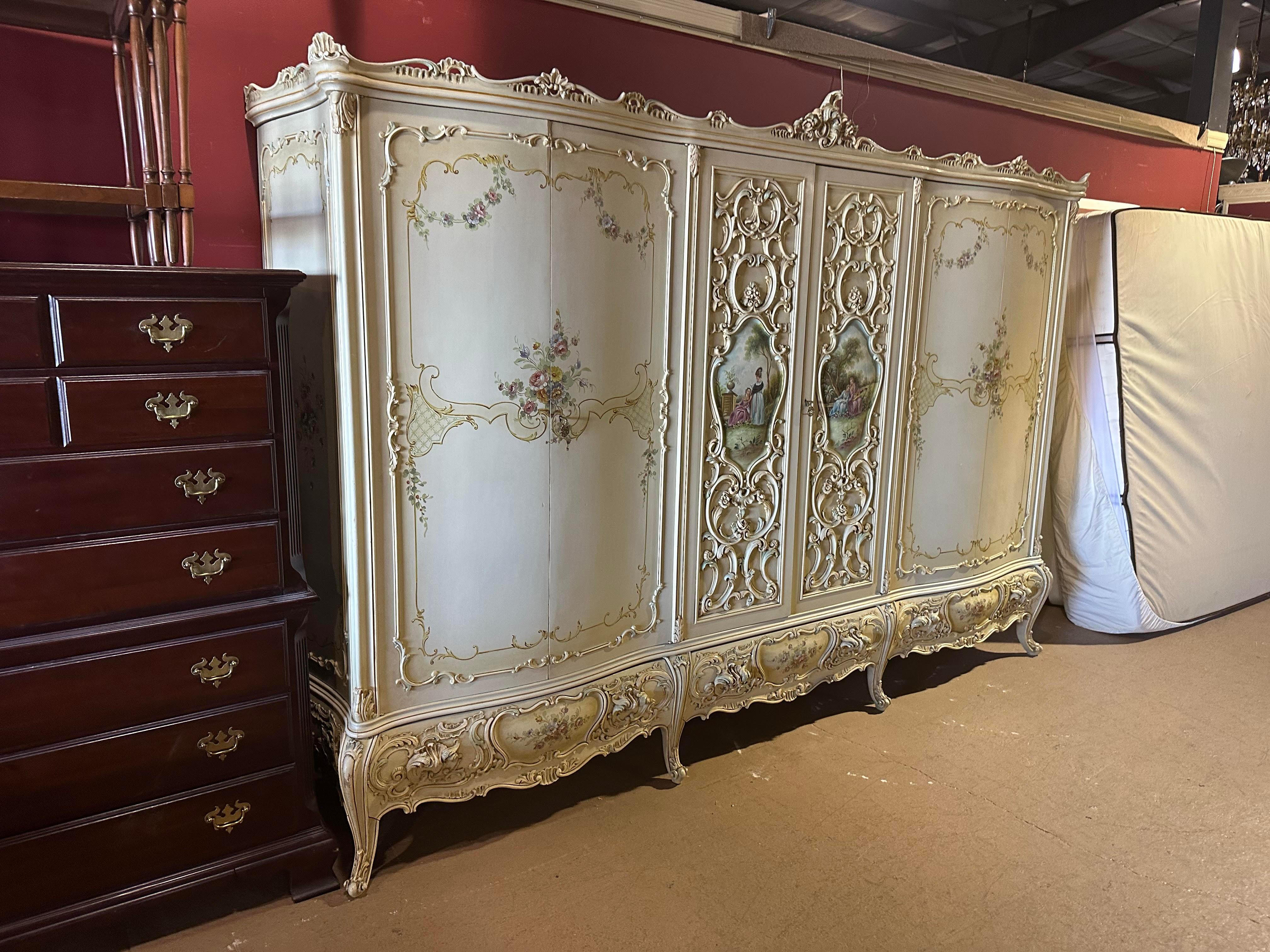 Rococo Revival Monumental Hand Painted Italian Venetian Armoire with Mirror, circa 1940