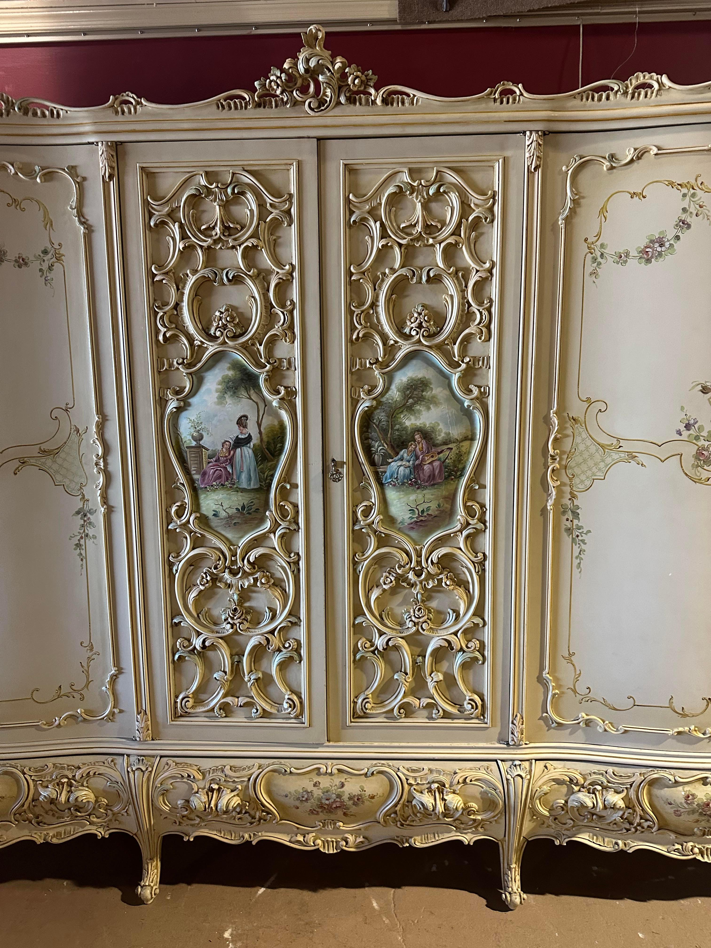 Walnut Monumental Hand Painted Italian Venetian Armoire with Mirror, circa 1940