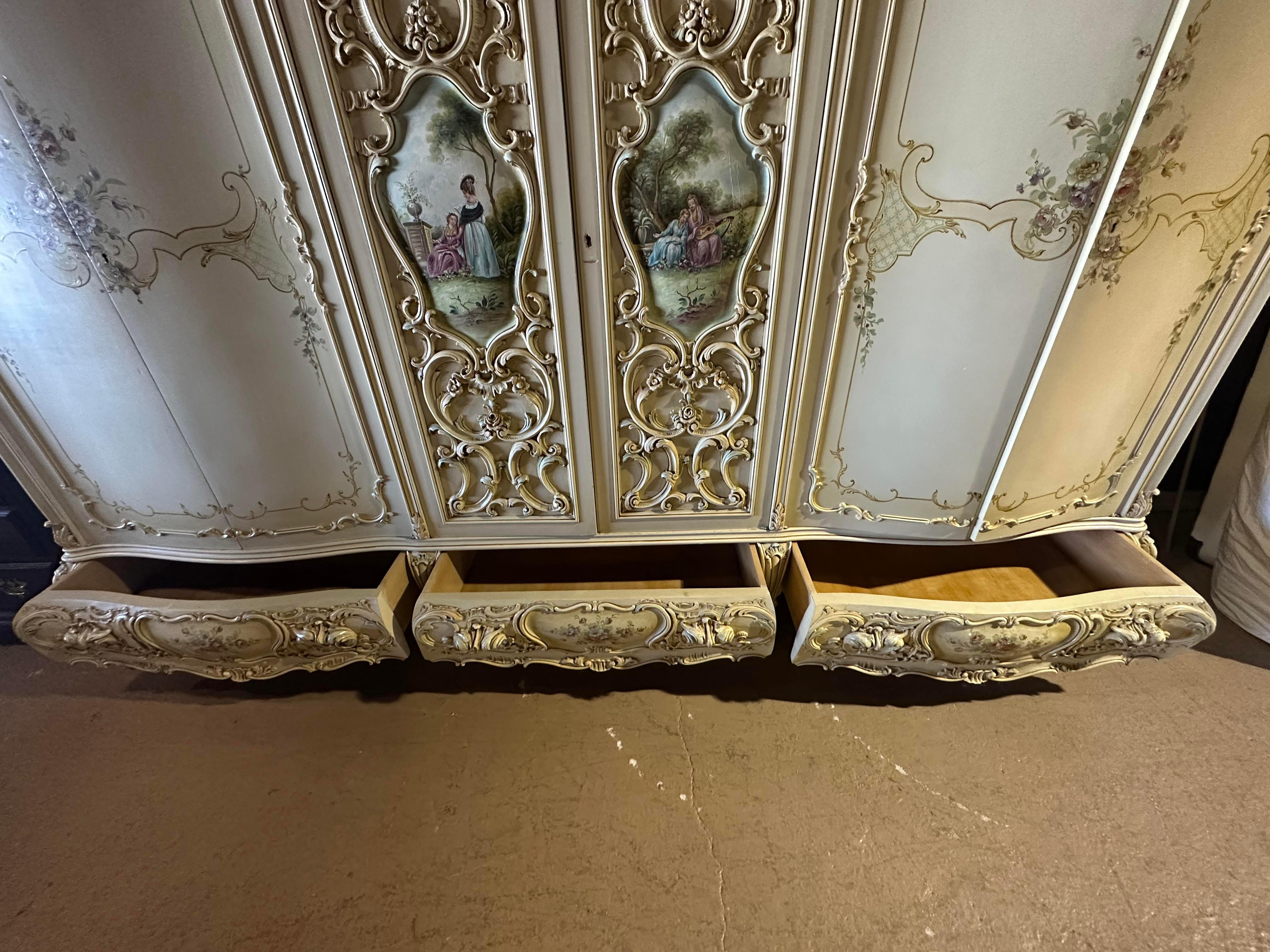 Monumental Hand Painted Italian Venetian Armoire with Mirror, circa 1940 2