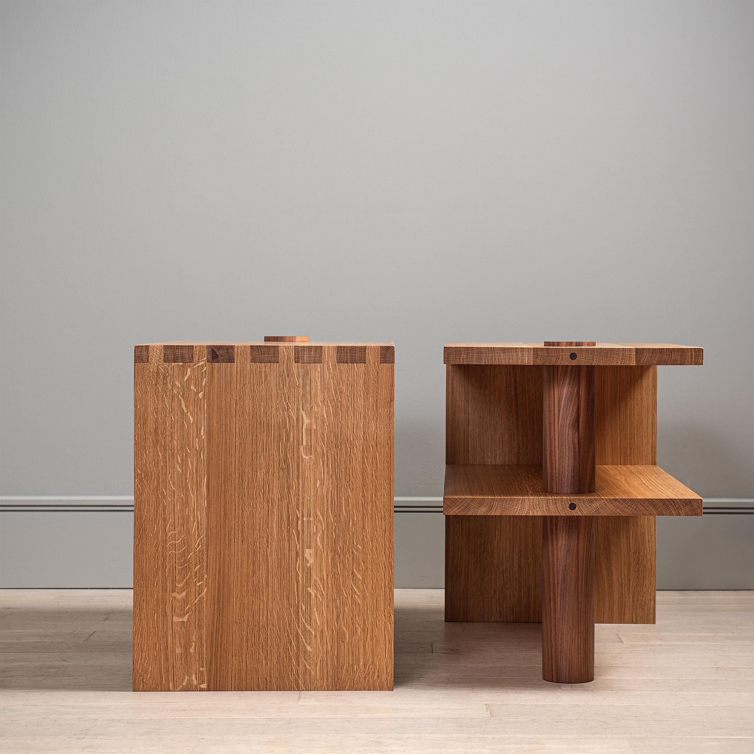 An alternative monumental version of our architectural Post-Modern oak & walnut pillar end tables or nightstands. Designed and handcrafted in England using traditional furniture and cabinetry techniques from fully quarter-sawn English Oak and