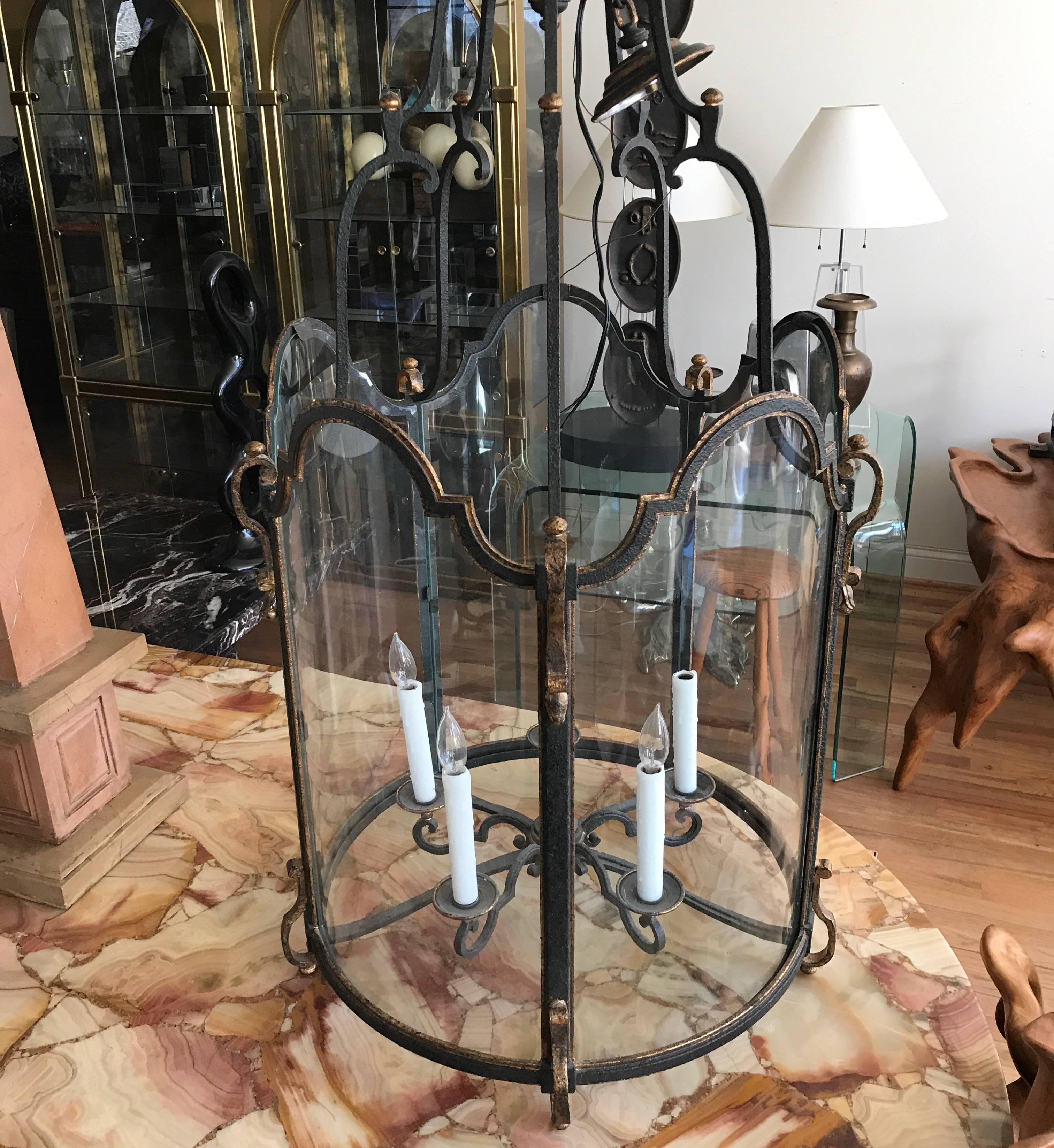 Louis XVI Style  Wrought Iron and Glass Large Hanging Hall Lantern 3