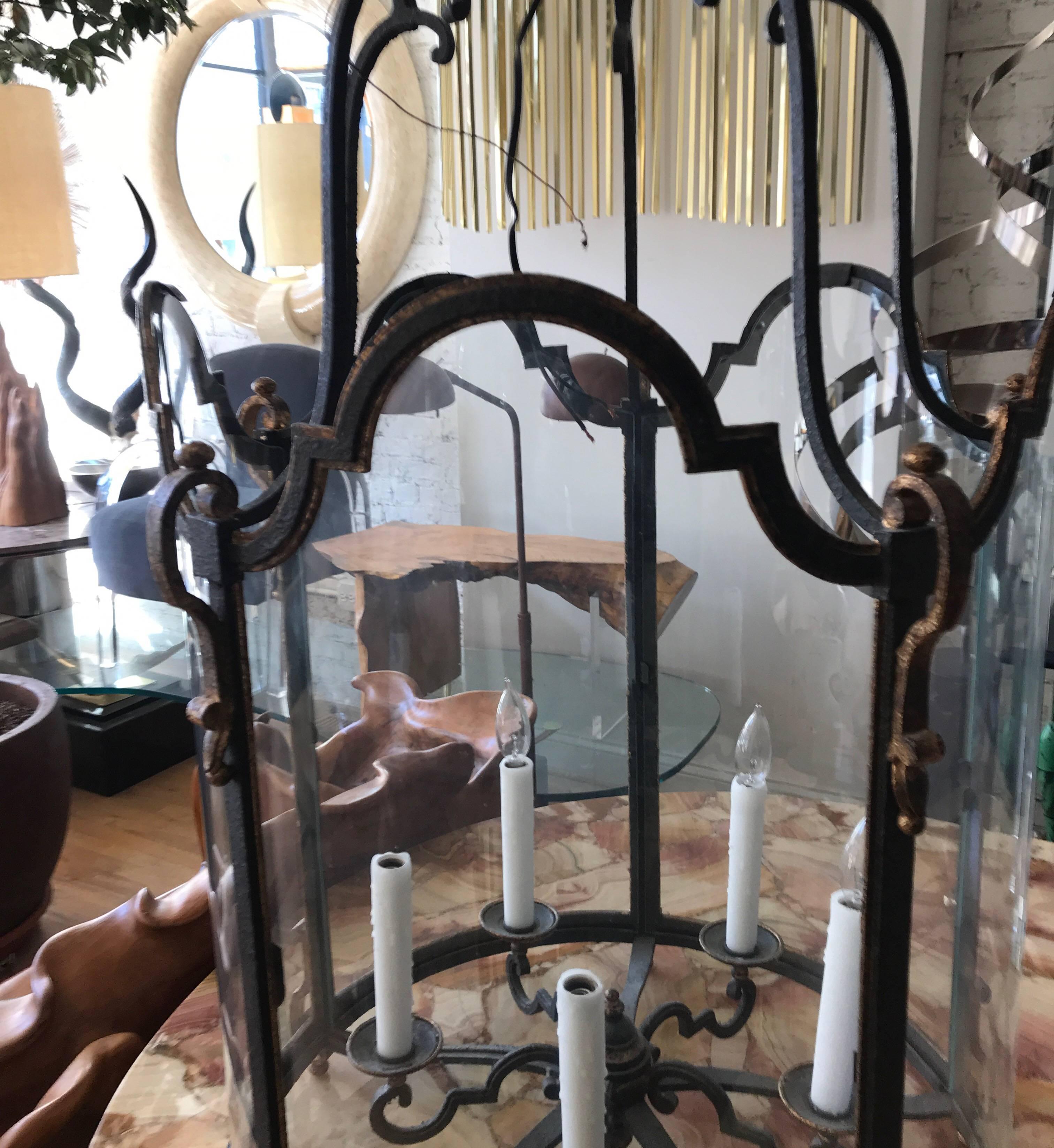 American Louis XVI Style  Wrought Iron and Glass Large Hanging Hall Lantern
