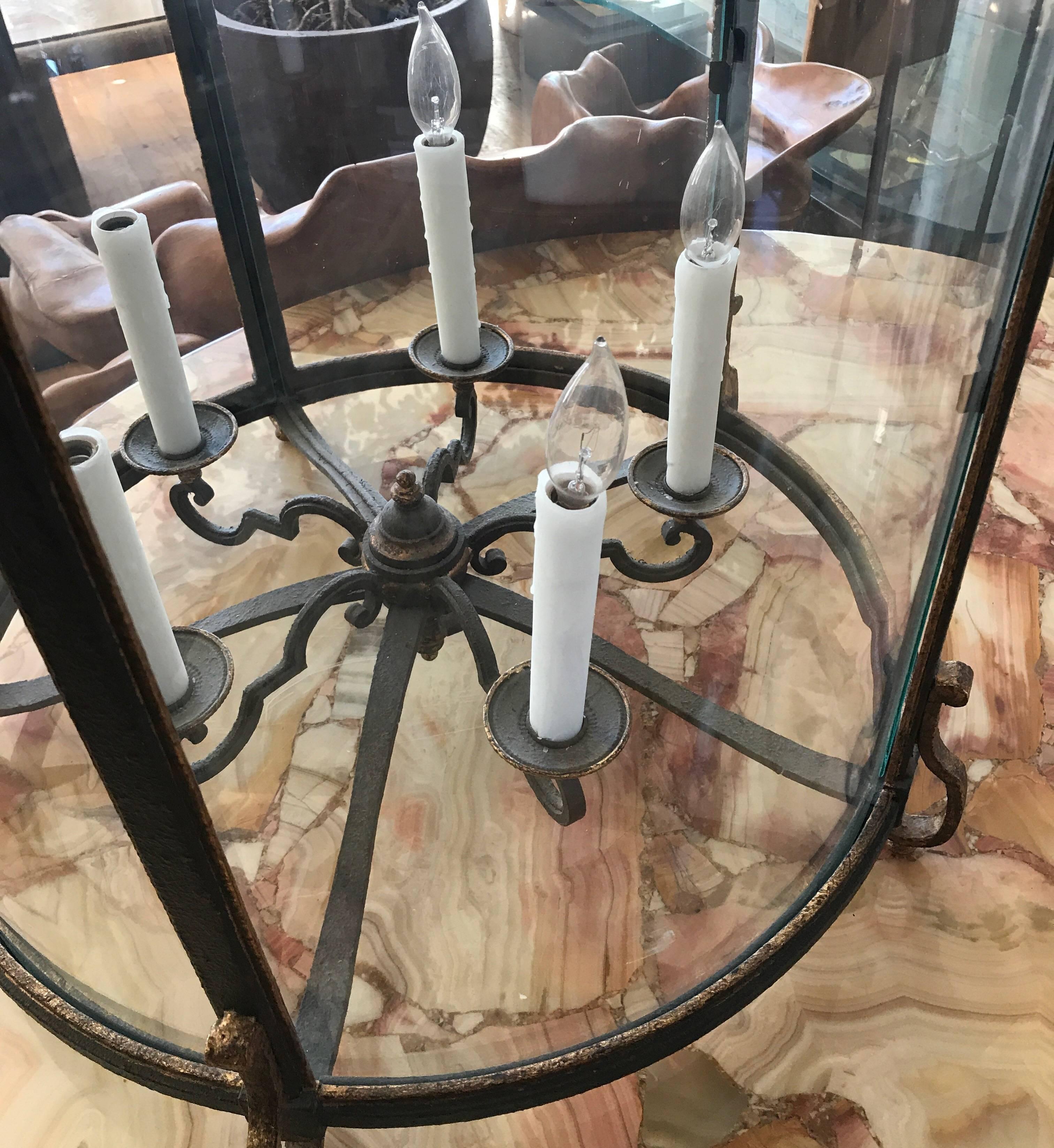 Louis XVI Style  Wrought Iron and Glass Large Hanging Hall Lantern In Good Condition In Chicago, IL