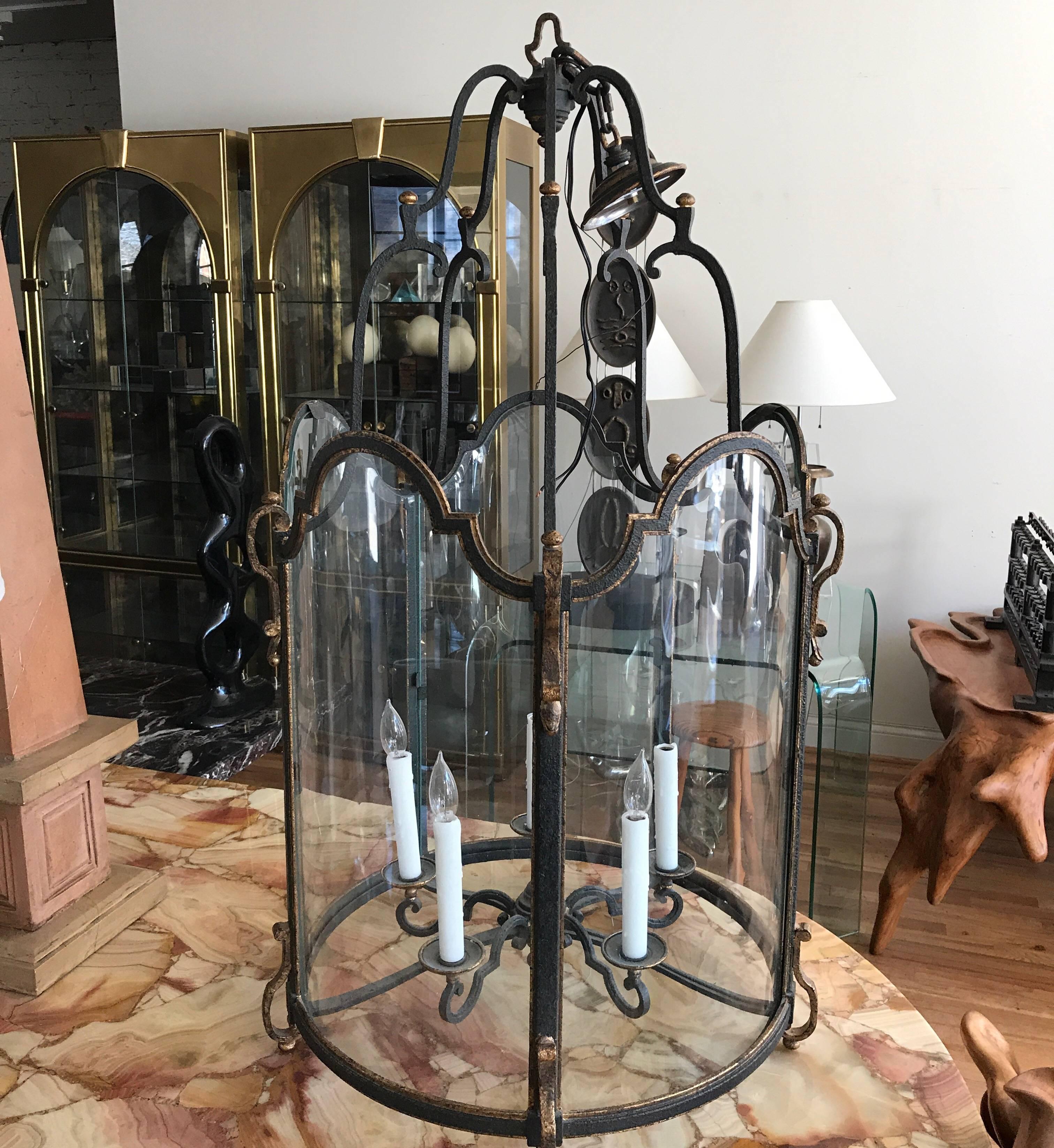 Louis XVI Style  Wrought Iron and Glass Large Hanging Hall Lantern 2