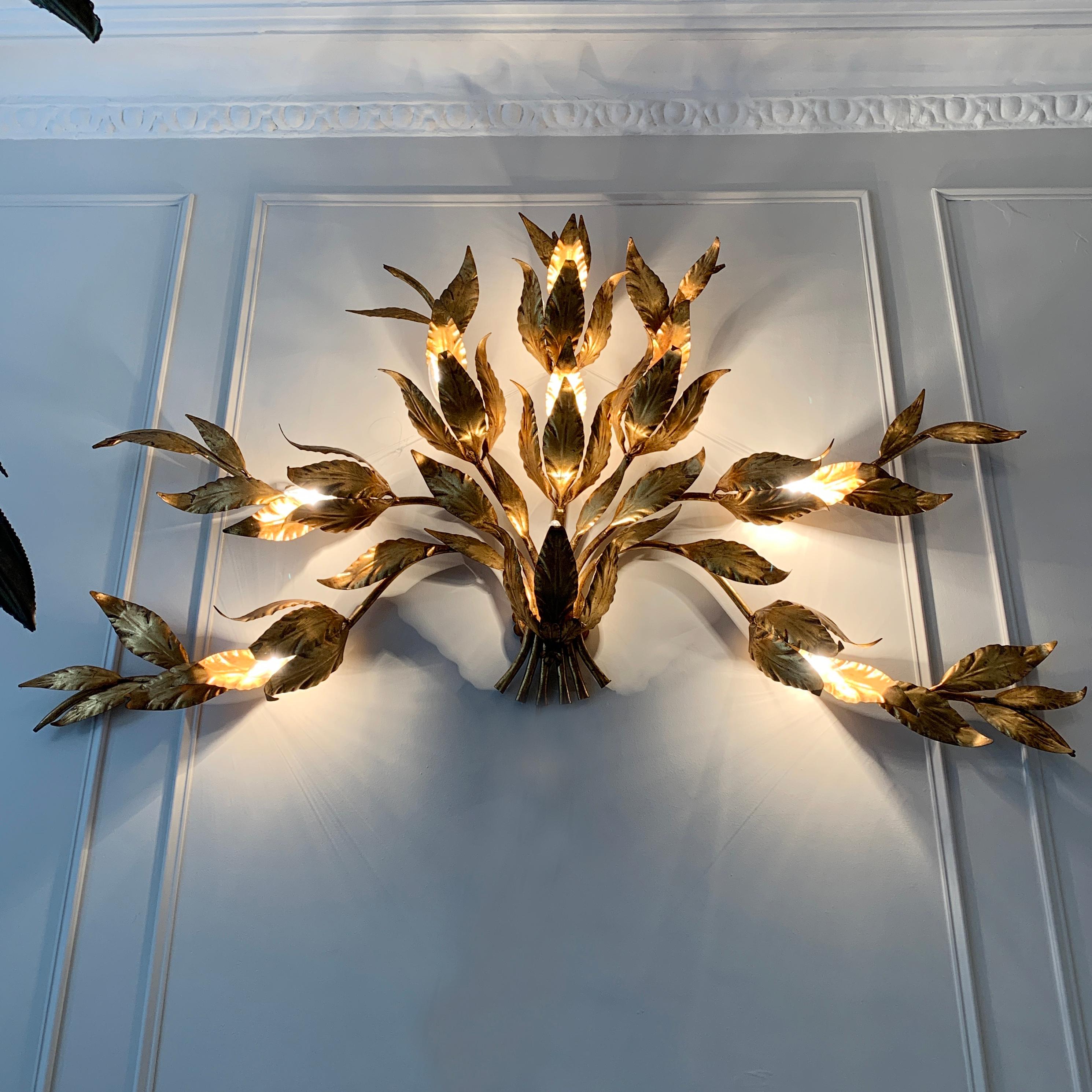 Mid-Century Modern Monumental Gold Hans Kogl Leaf Wall Sconce, 1970's For Sale