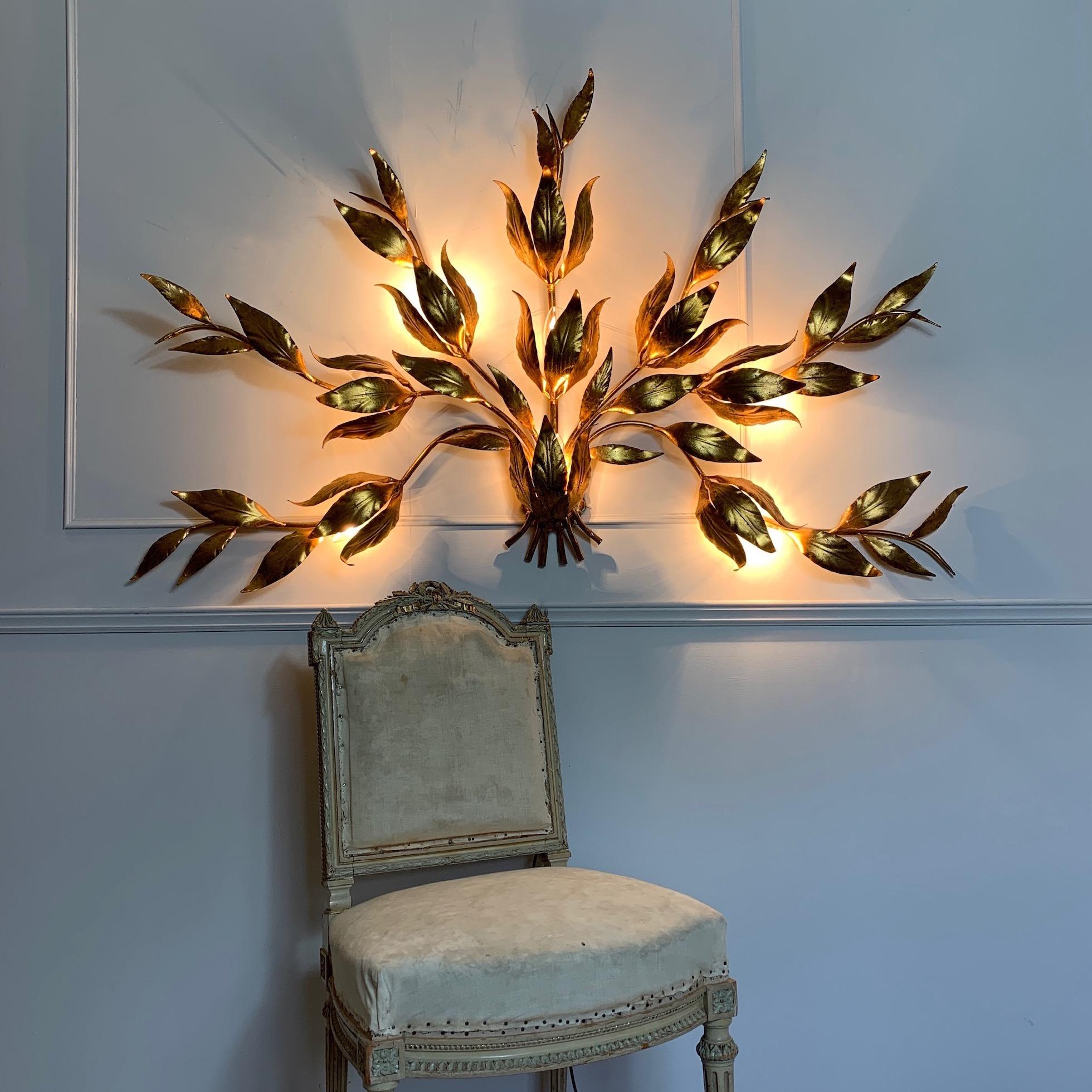 Late 20th Century Monumental Gold Hans Kogl Leaf Wall Sconce, 1970's For Sale