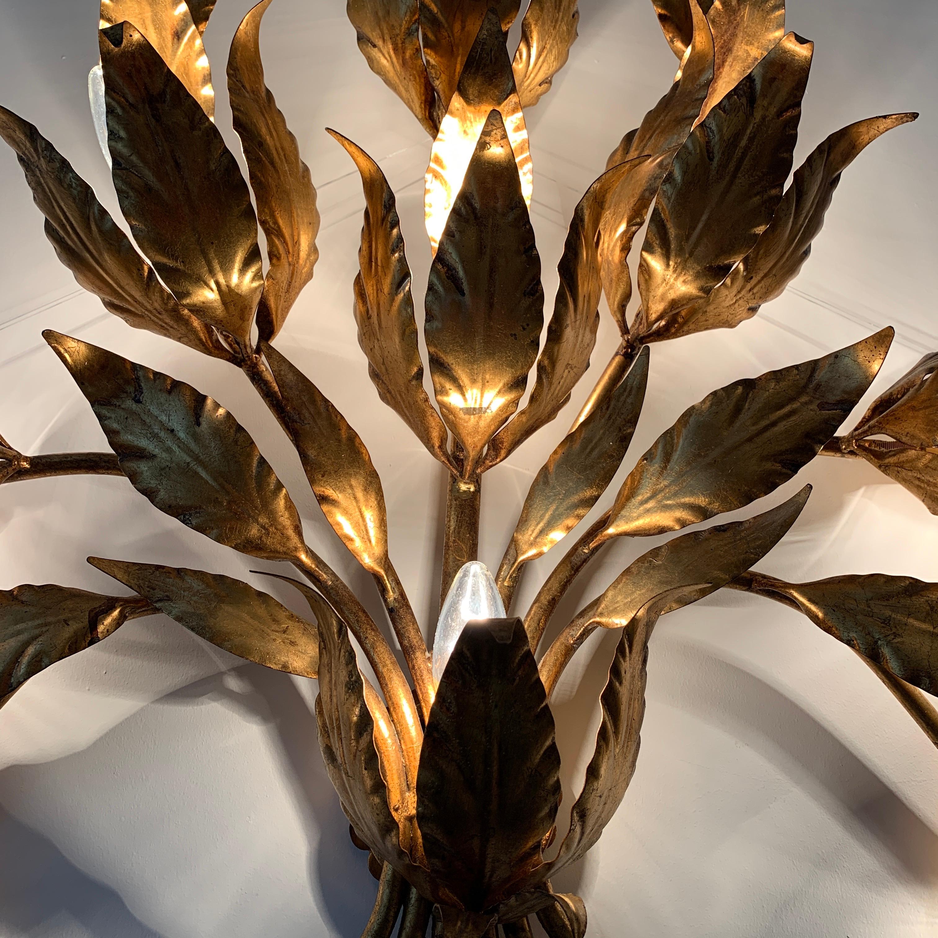 Monumental Gold Hans Kogl Leaf Wall Sconce, 1970's In Good Condition For Sale In Hastings, GB