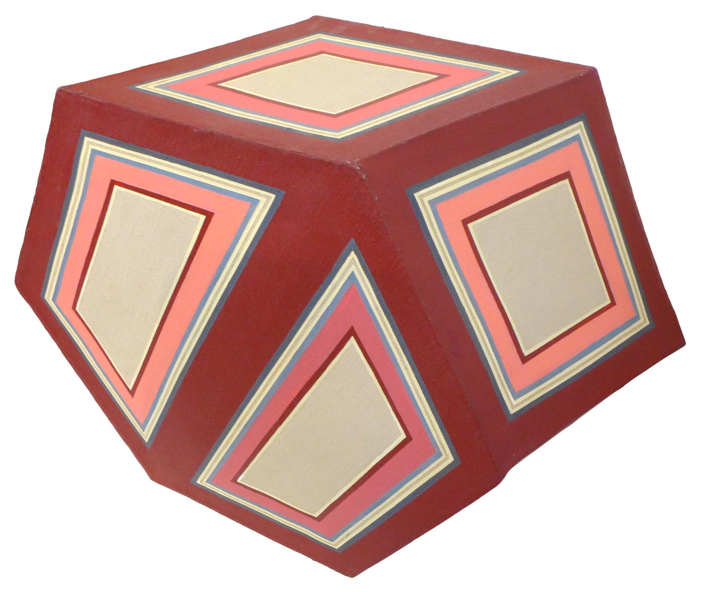 A wonderful and unusual two-piece hard-edge freestanding painting sculpture. An offset hexagonal prism ring with a smaller partner hexagonal prism seemingly meant to fill the former's void, both adorned with multicolor trapezoids on each facet.
