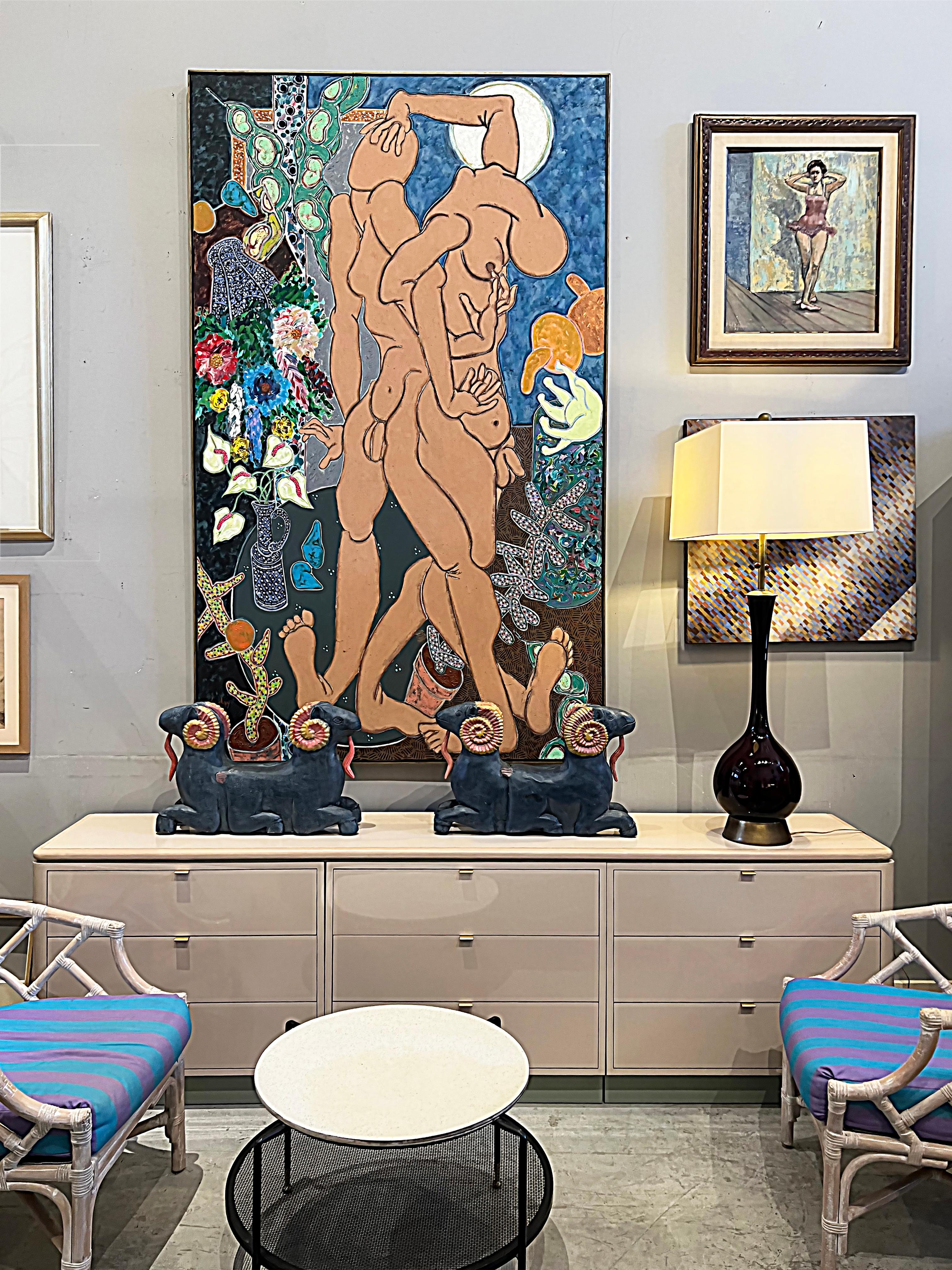 Monumental Harley Francis abstract male nudes oil painting on canvas

Offered for sale is a monumental abstract oil painting by Harley Frances ( 1940-2017). The subjects are 2 of Francis' abstract male nudes surrounded by floral motifs. The painting