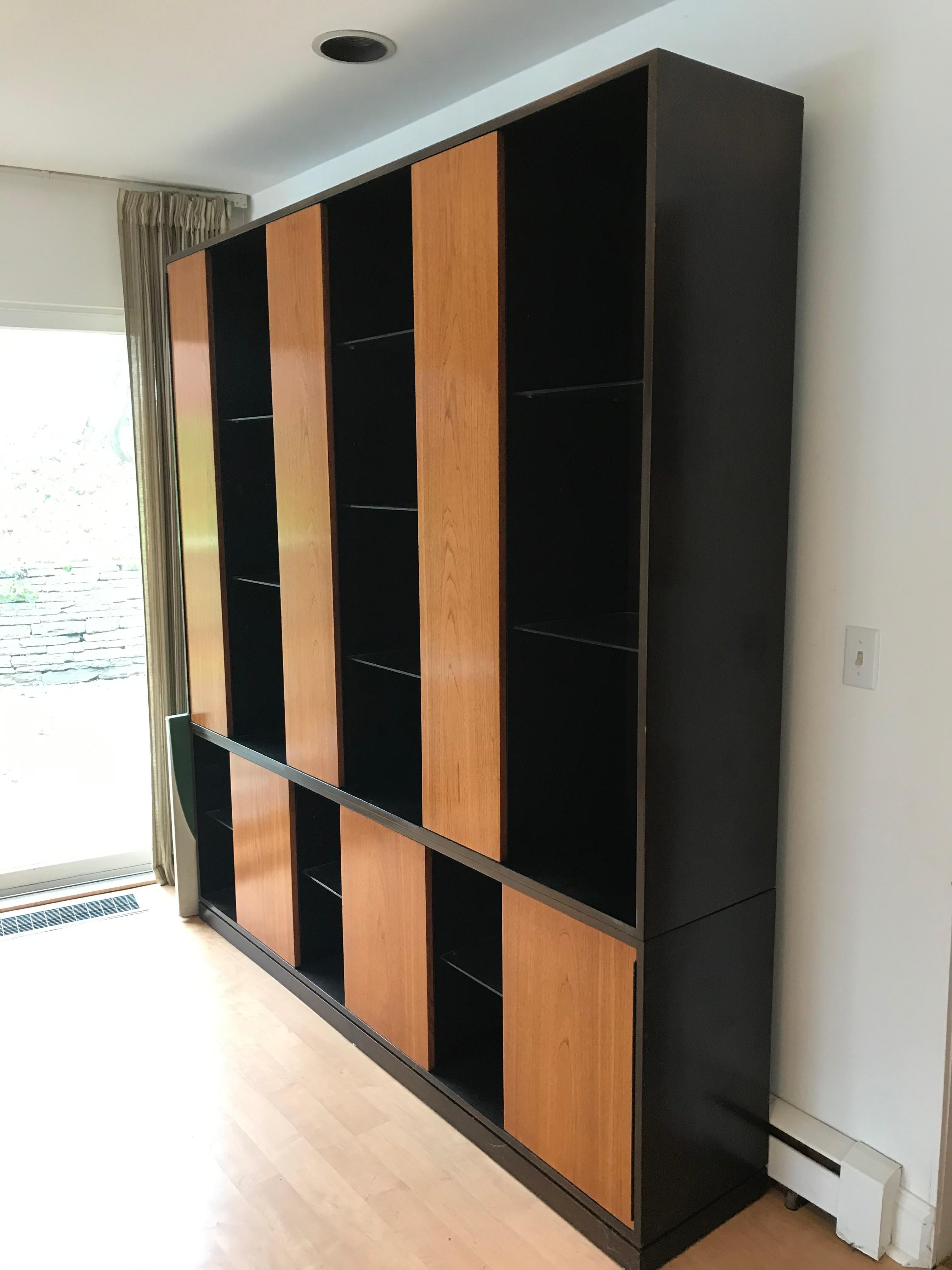 Ebonized Monumental Harvey Probber Cabinet with Doors and Shelves with Alternating Woods
