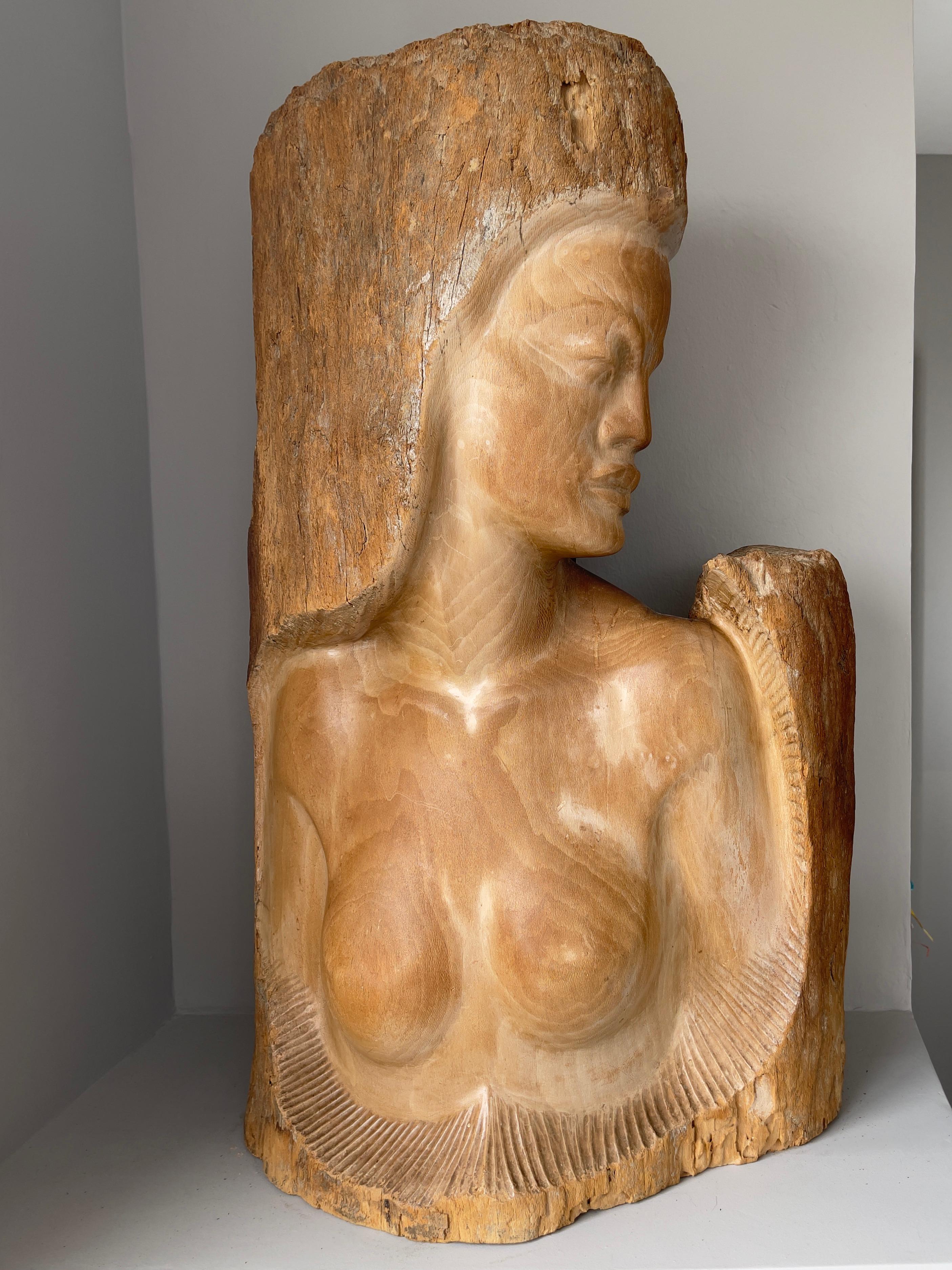 Untitled carved sycamore Hawaiian deity by Fritz Abplanalp, circa 1951. Monogrammed, dated and inscribed underneath with unknown label. Sculpture measures 18