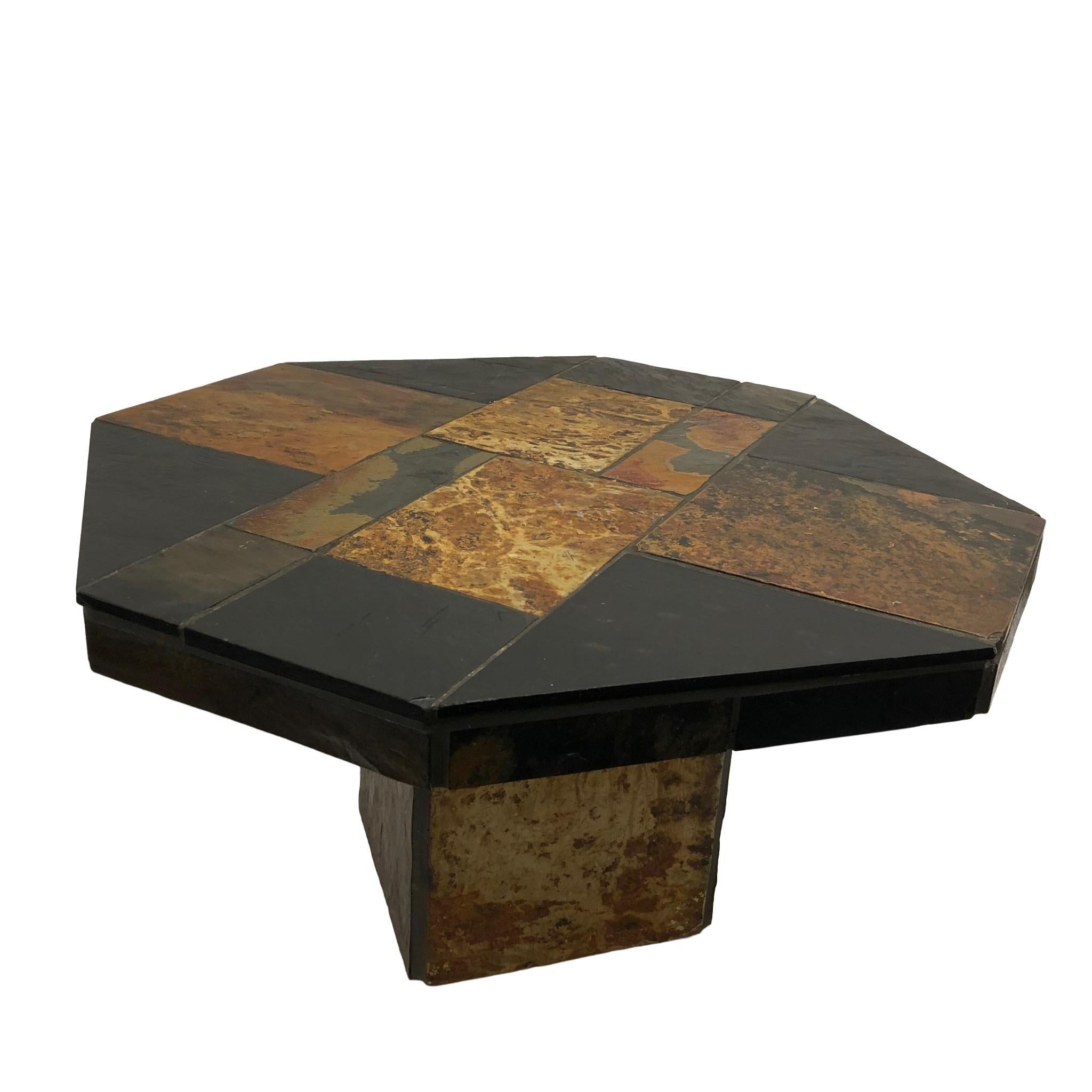 Offered is this beautiful rare Brutalist octagonal shaped slate coffee or cocktail table, made in the 1960s. A 