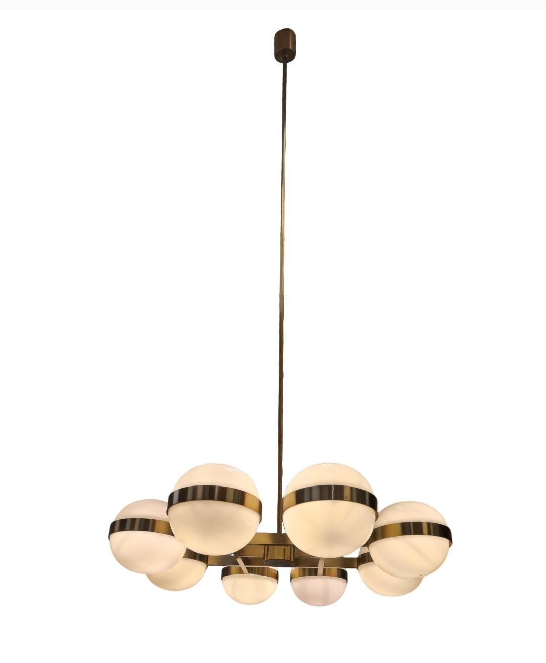 Monumental Heikki Turunen Chandelier 961-802 in Brass & Milk Glass, Orno 1970s 13