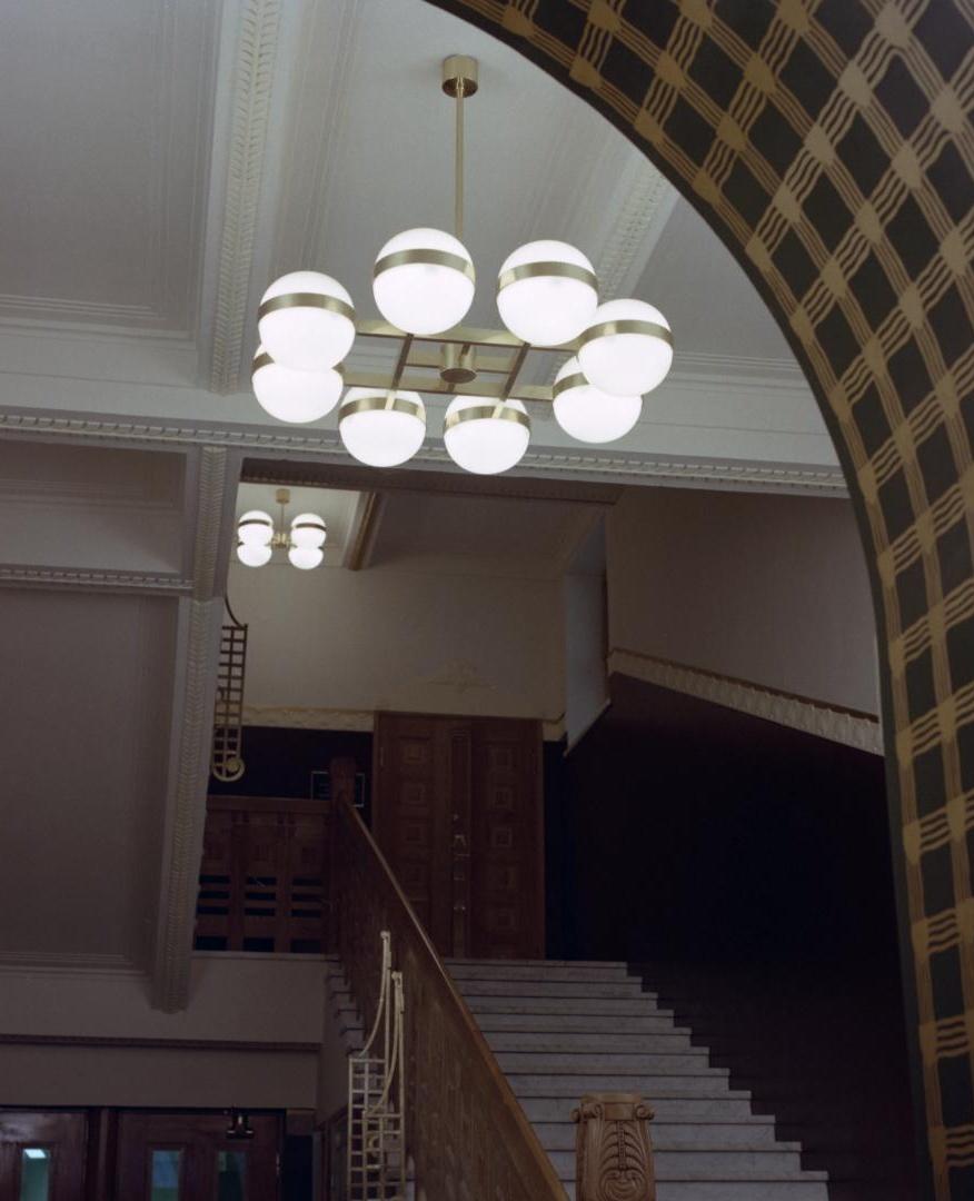Metal Monumental Heikki Turunen Chandelier 961-802 in Brass & Milk Glass, Orno 1970s