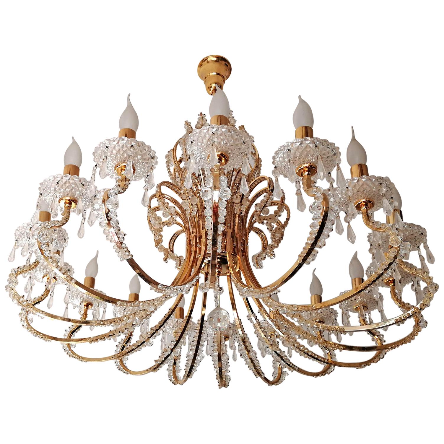 Monumental Hollywood Regency French Cut-Crystal Beads, Gilt 19-Light Chandelier For Sale