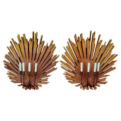 Monumental Hollywood Regency Gilded Sunburst 4 Arm Italian Wall Sconces - Pair