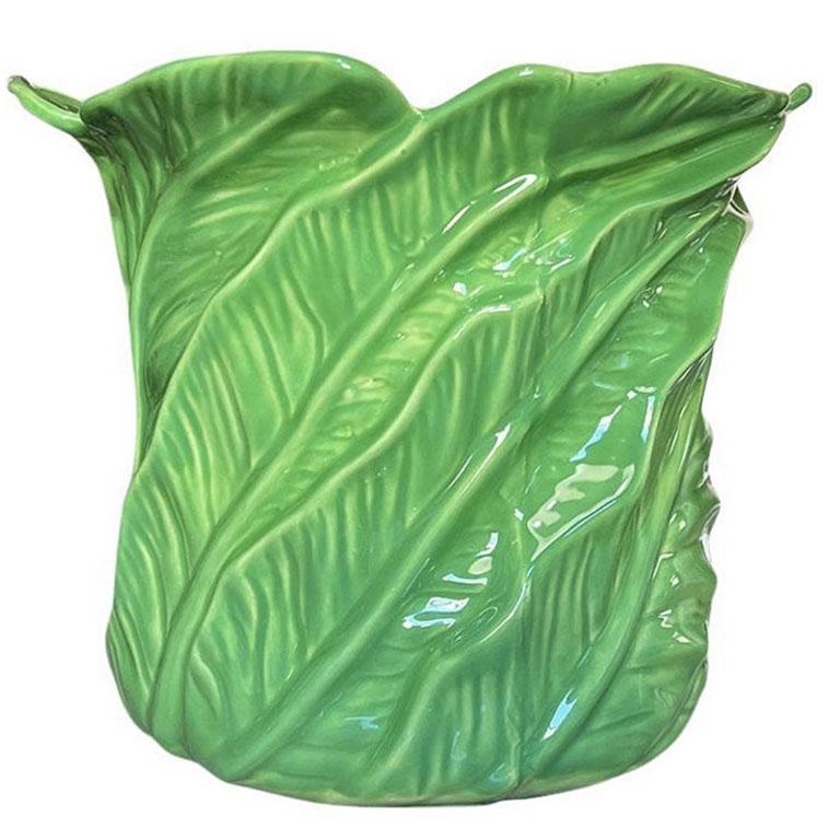 Monumental Hollywood Regency Green Ceramic Palm Leaf or Bok Choy Vase - 1970s  In Good Condition For Sale In Oklahoma City, OK