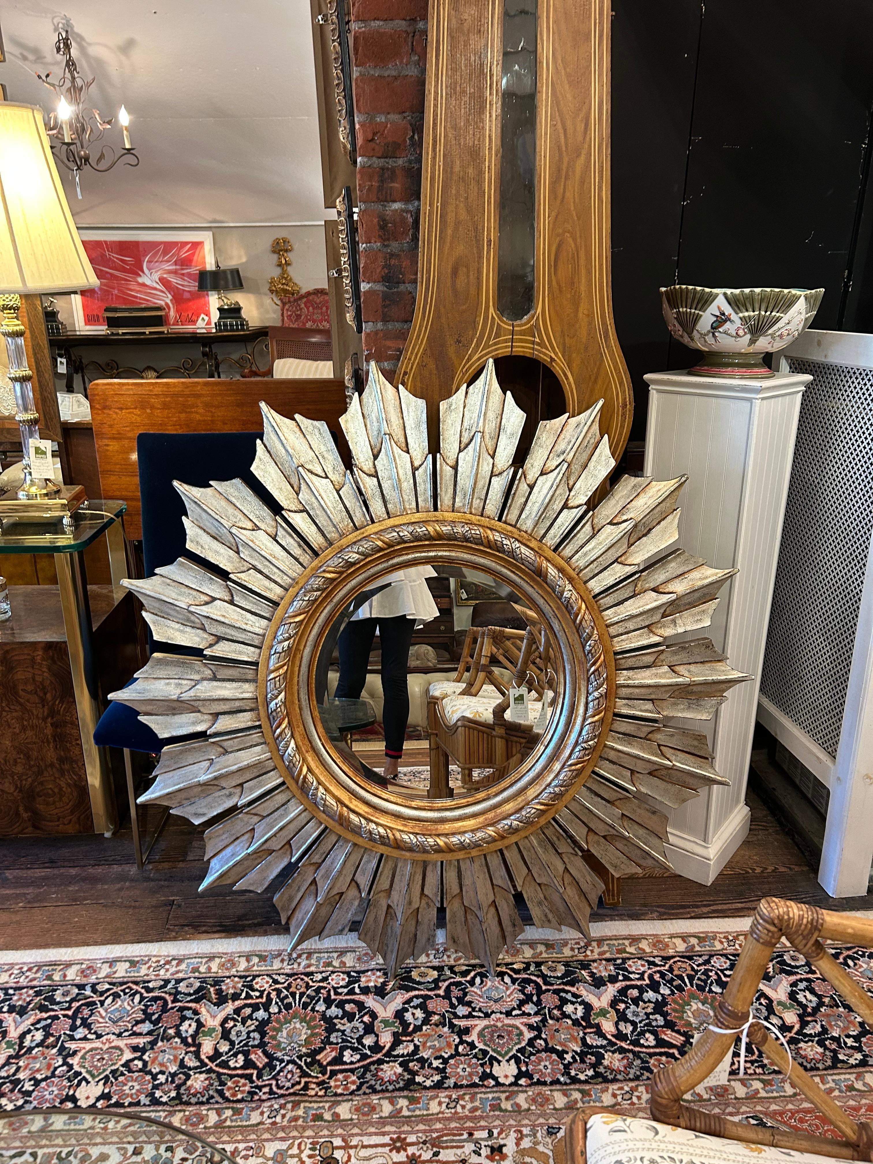 Monumental Hollywood Regency Silver & Gold Sunburst Mirror For Sale 3
