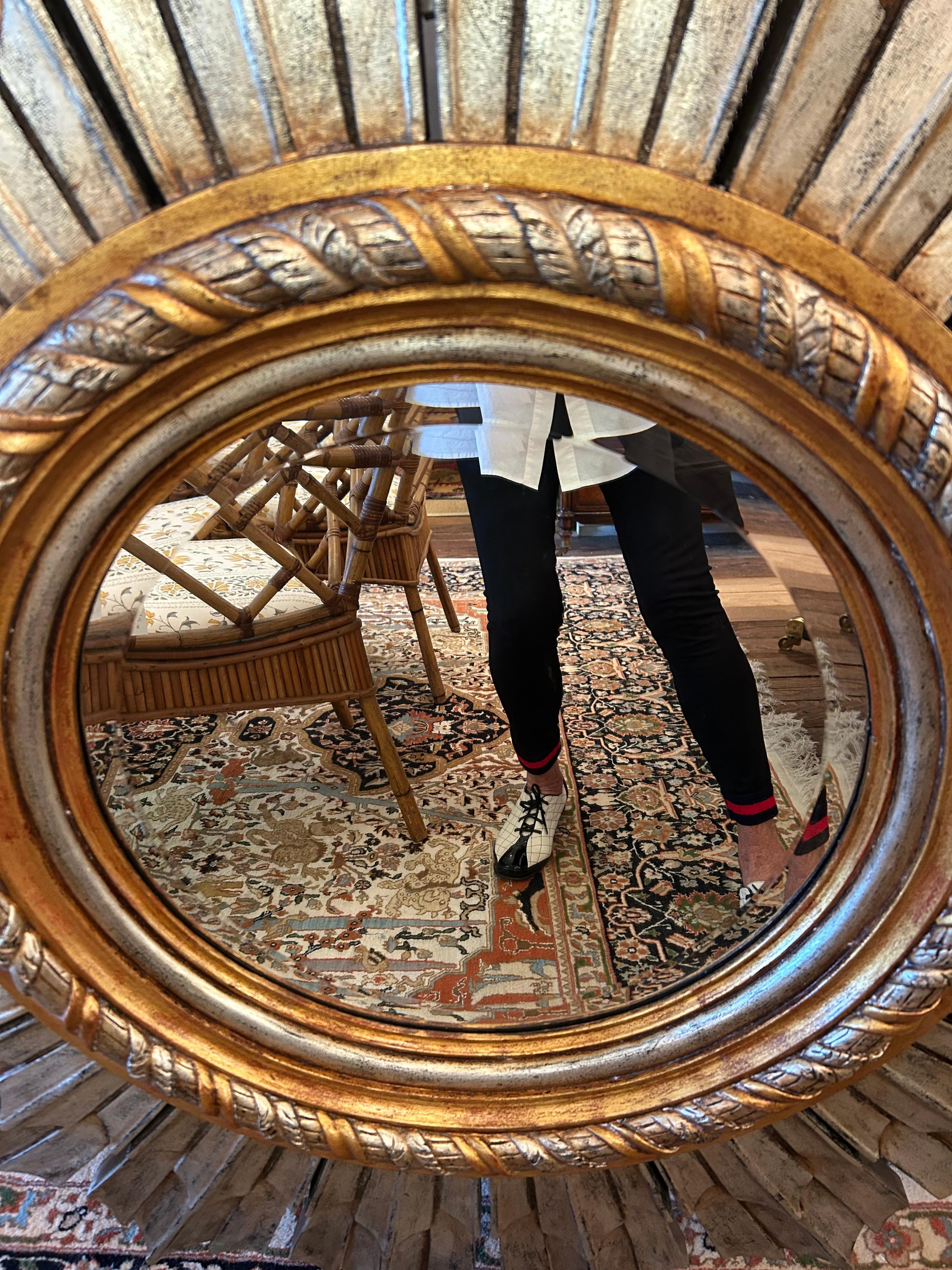 American Monumental Hollywood Regency Silver & Gold Sunburst Mirror For Sale