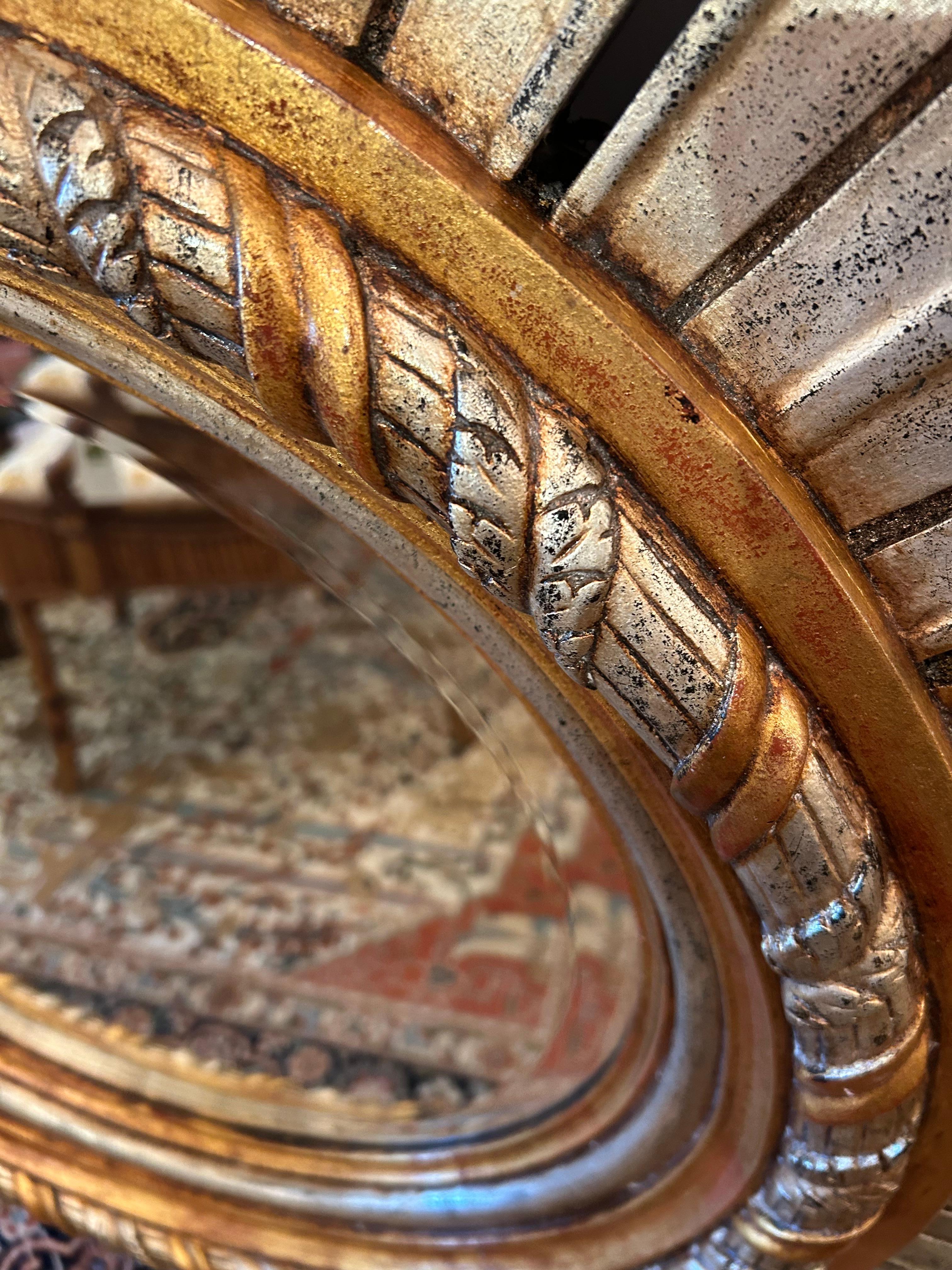 Gilt Monumental Hollywood Regency Silver & Gold Sunburst Mirror For Sale