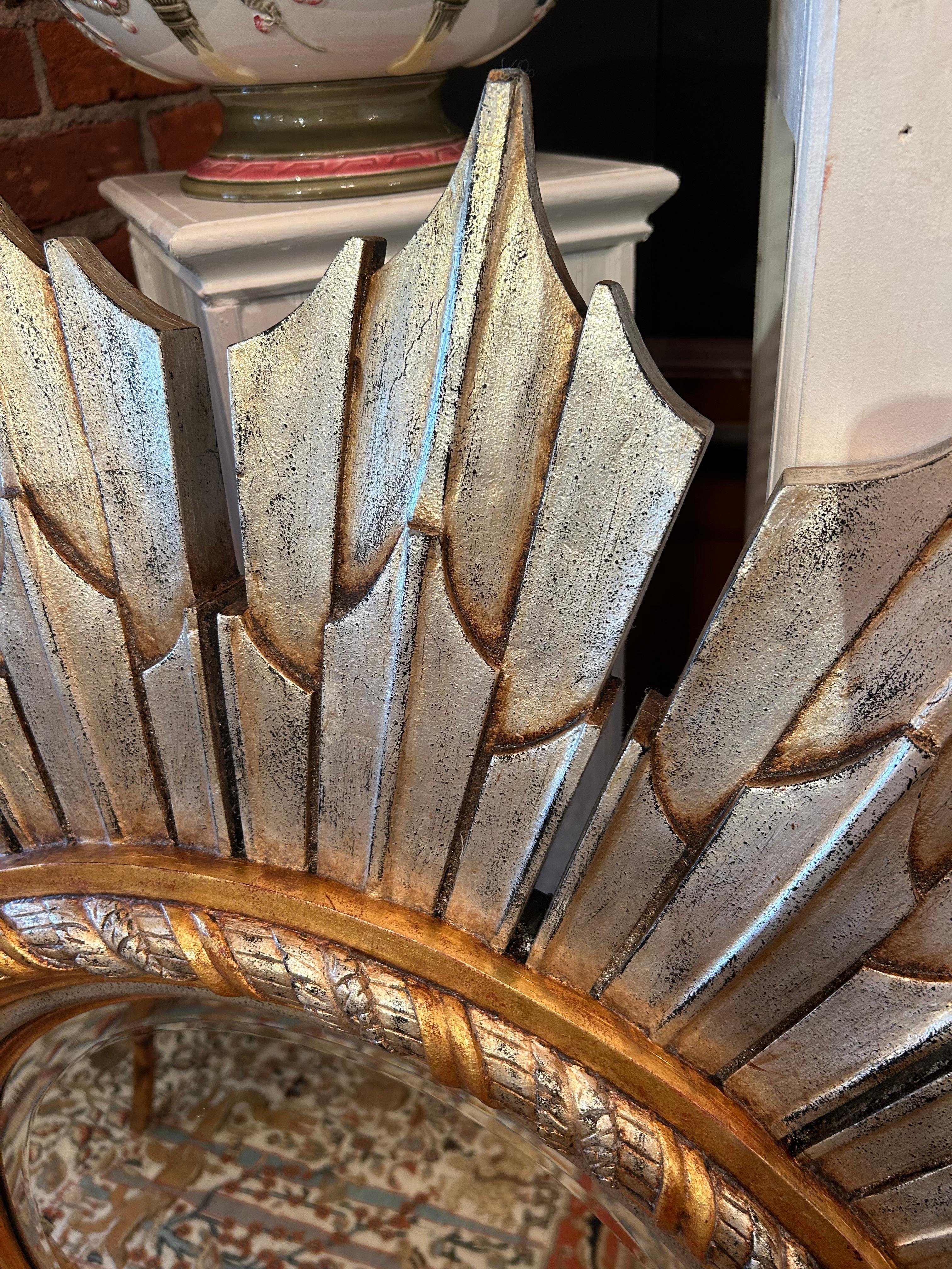 Monumental Hollywood Regency Silver & Gold Sunburst Mirror In Good Condition For Sale In Hopewell, NJ