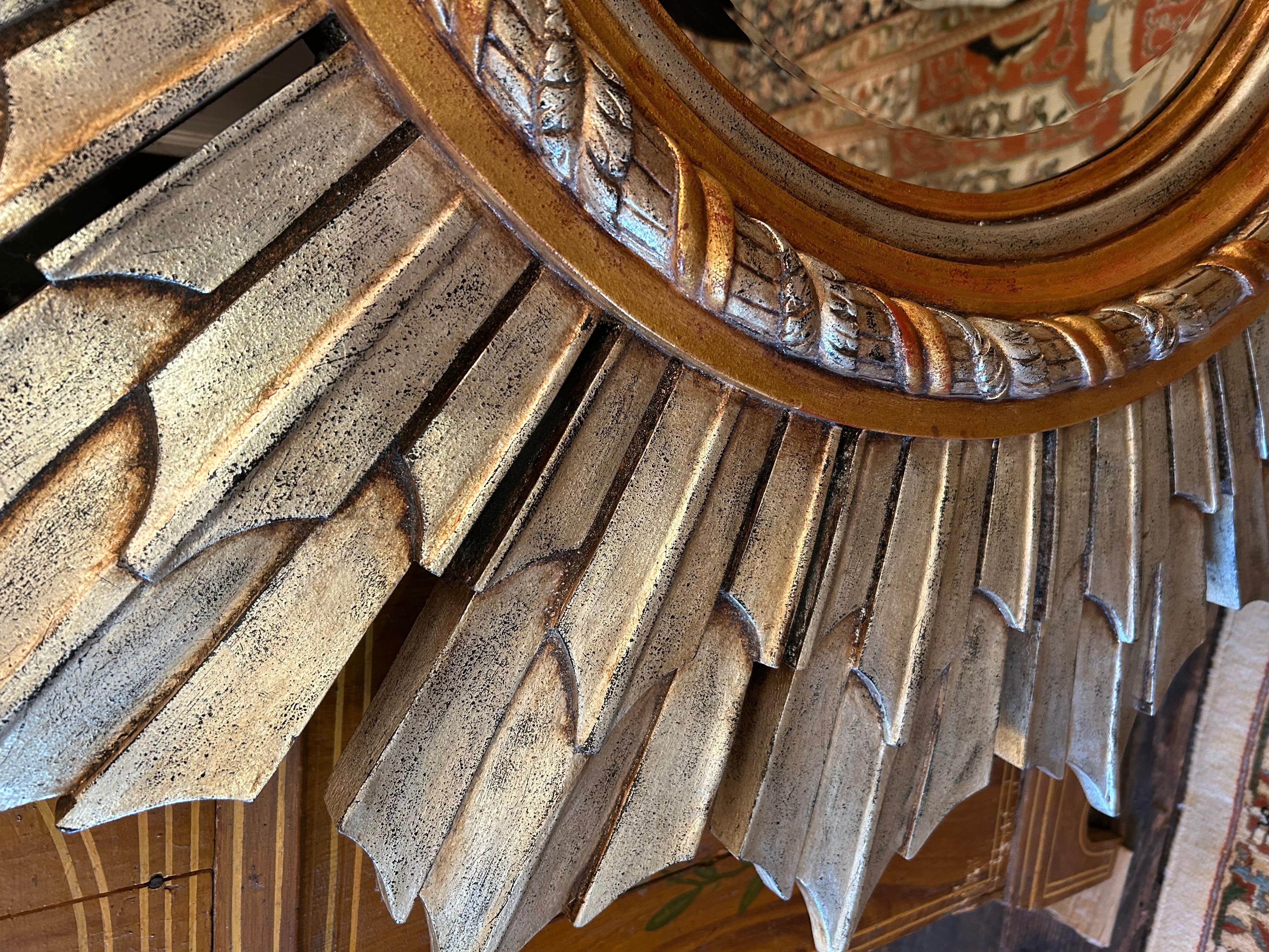 Late 20th Century Monumental Hollywood Regency Silver & Gold Sunburst Mirror For Sale
