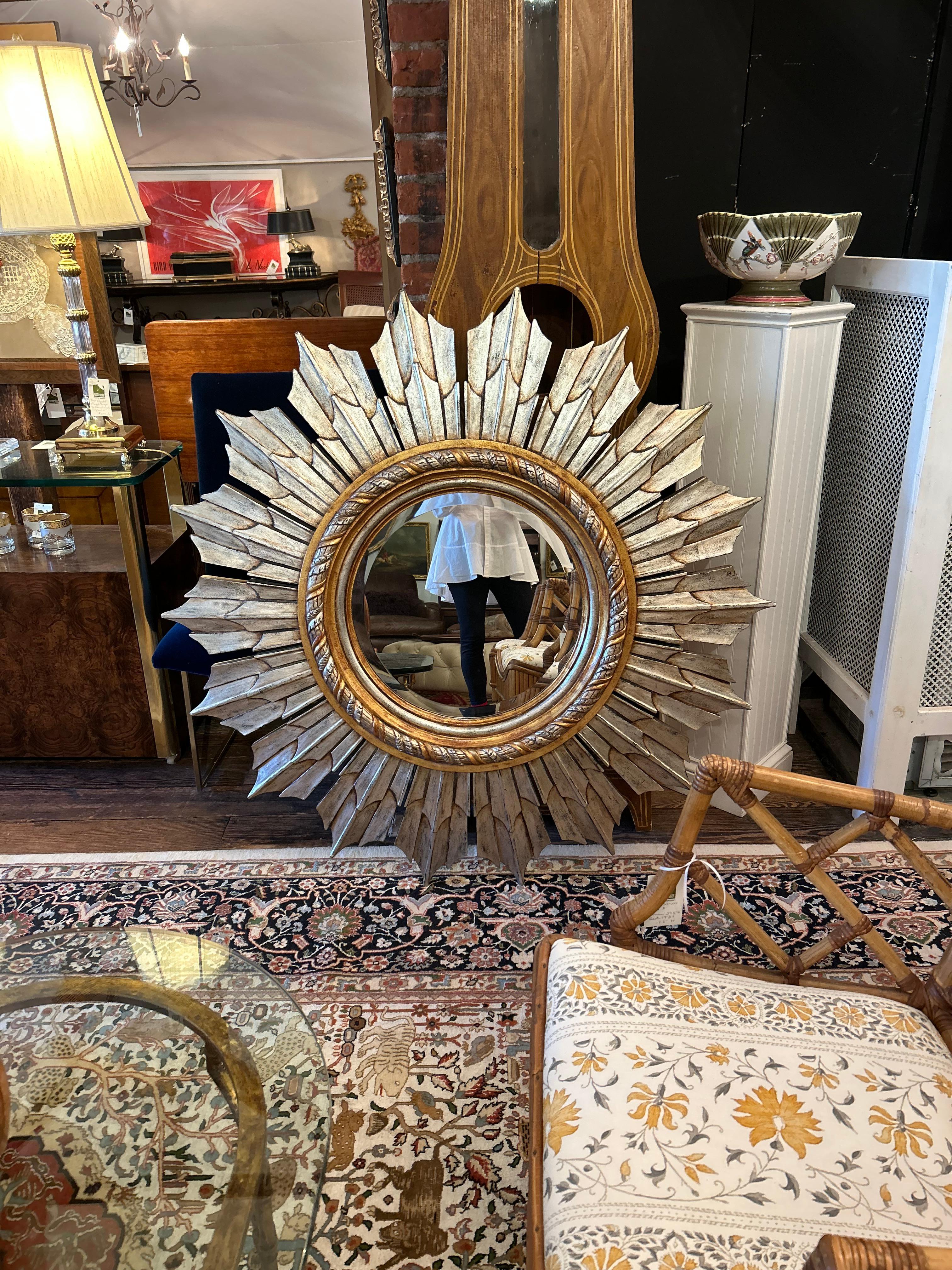 Monumental Hollywood Regency Silver & Gold Sunburst Mirror For Sale 2