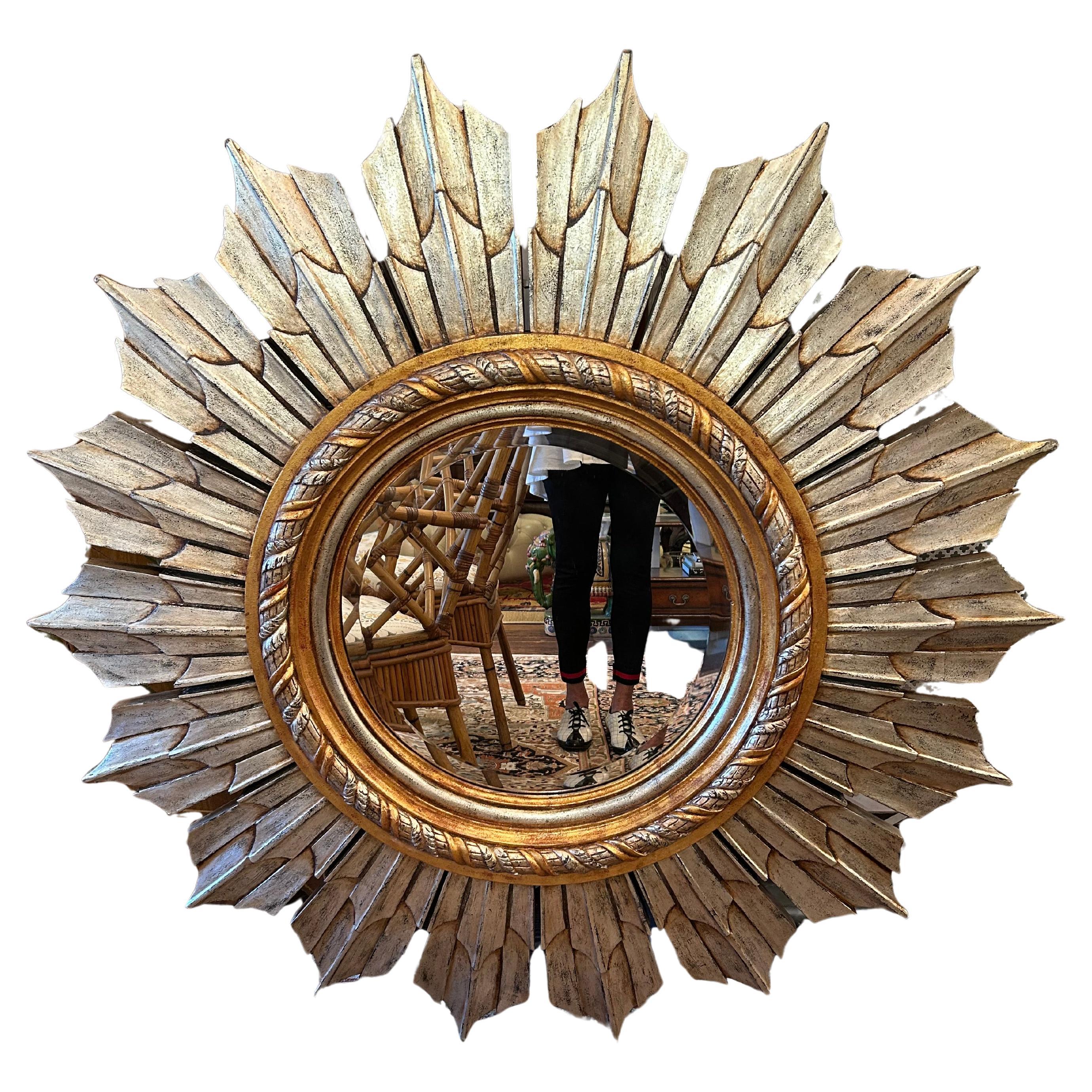 Monumental Hollywood Regency Silver & Gold Sunburst Mirror For Sale