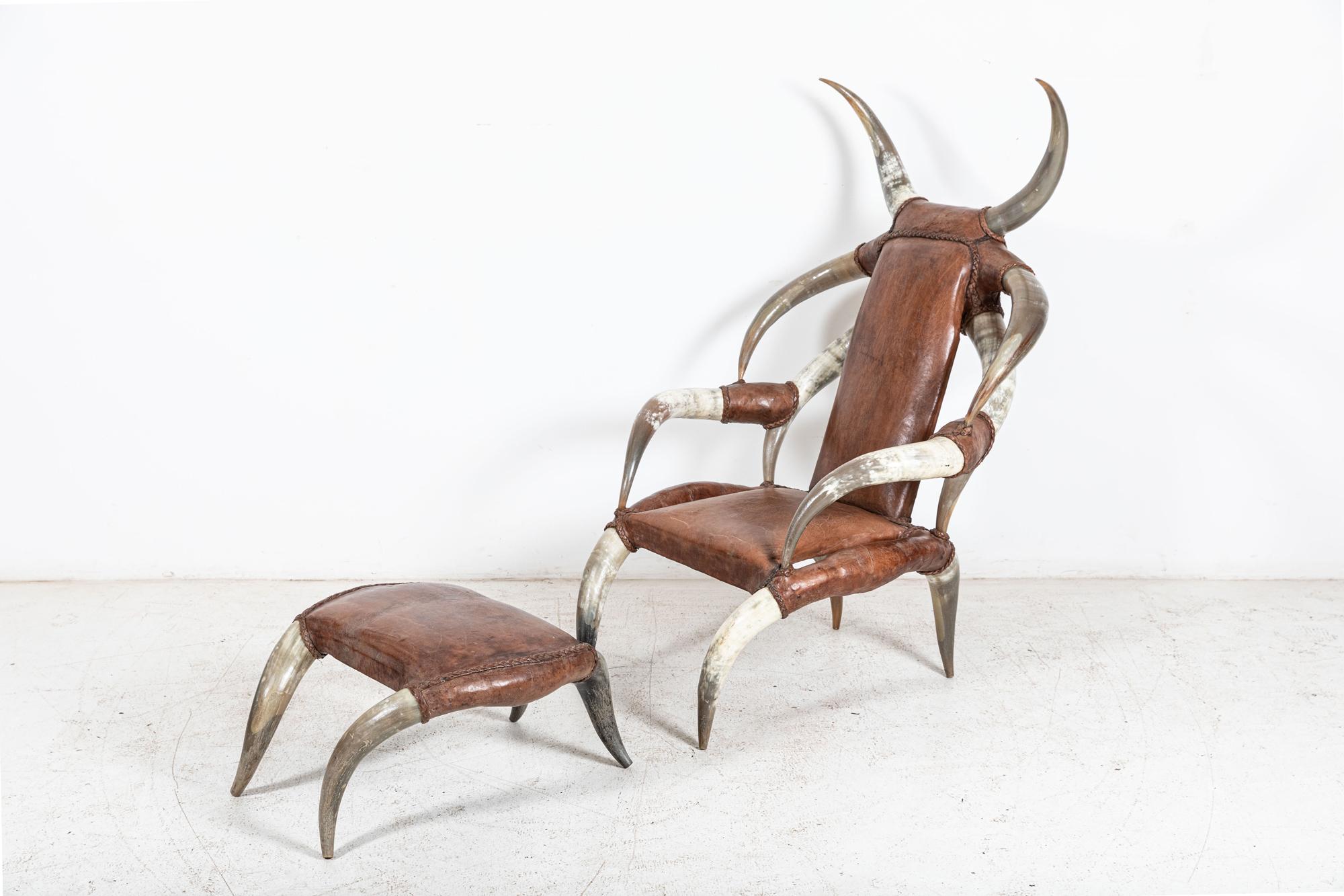 Circa 1960

Monumental Horn & Leather Armchair with Foot Stool. An Outstanding Sculptural & Decorative American Longhorn Steer Armchair with Matching Footstool.

Provenance: Manor House - Ipswich England

sku 913

Armchair: H134 x W89 x D96
44 cm