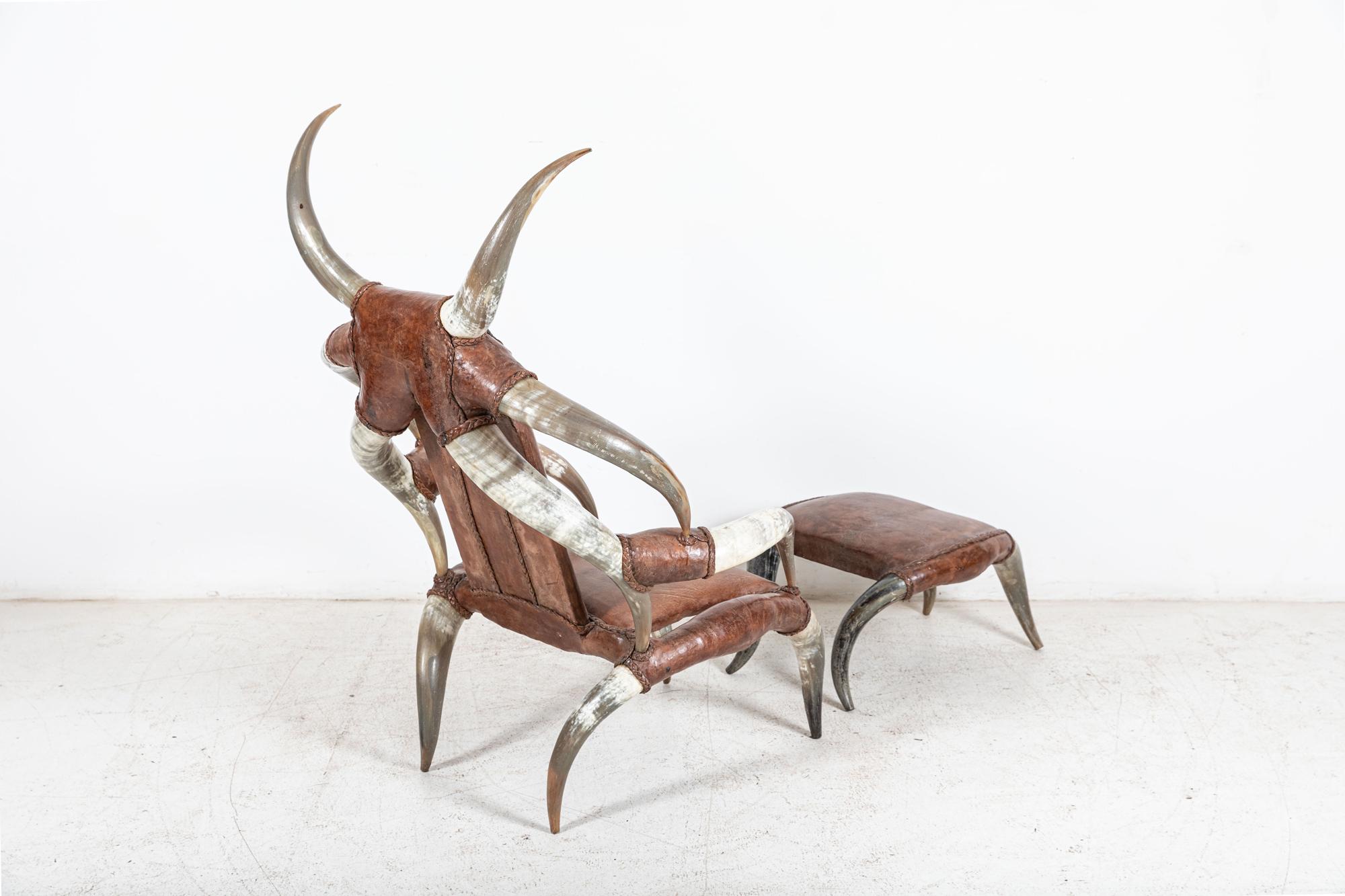 Central American Monumental Horn & Leather Armchair with Foot Stool For Sale