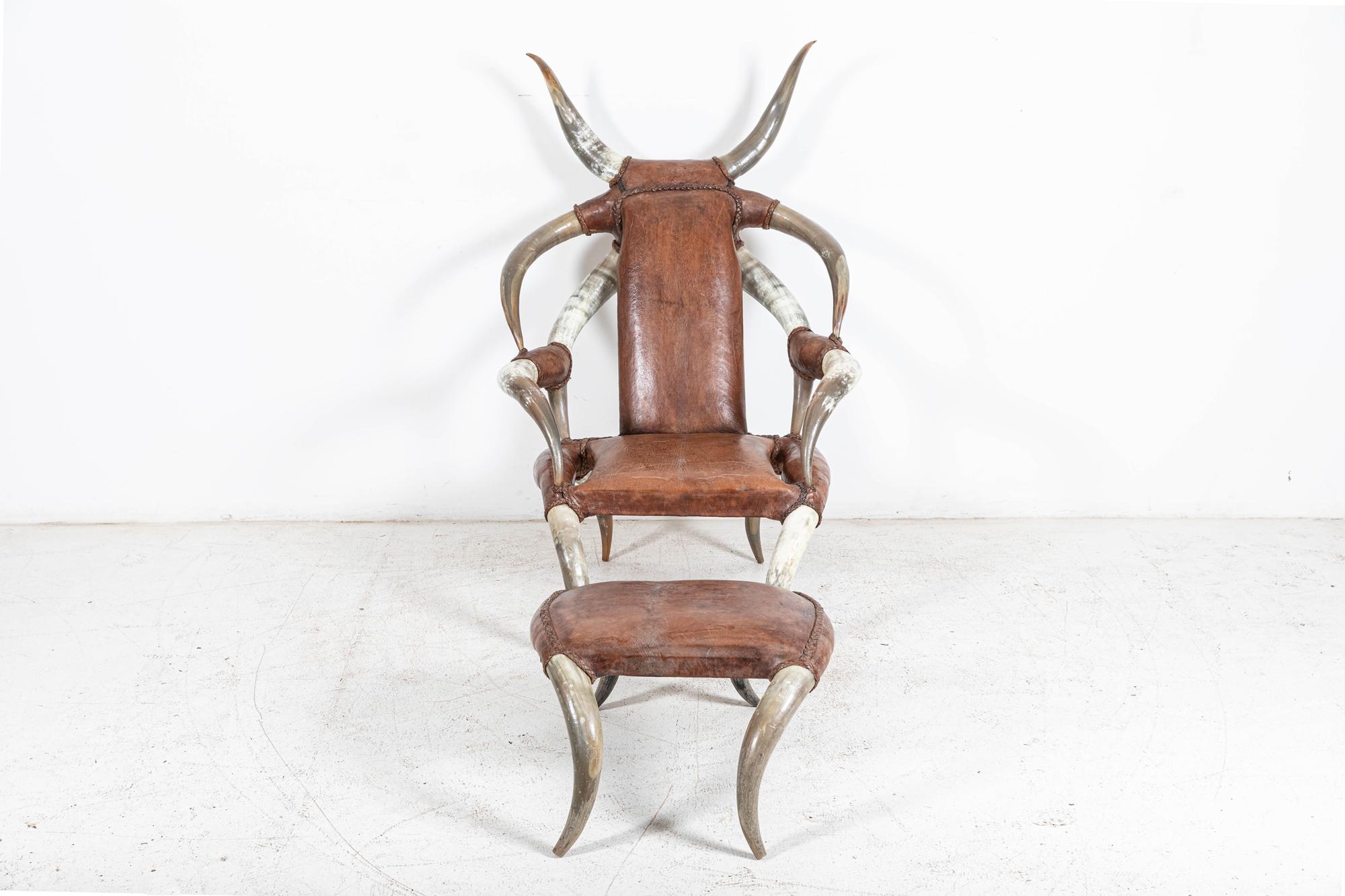 20th Century Monumental Horn & Leather Armchair with Foot Stool For Sale
