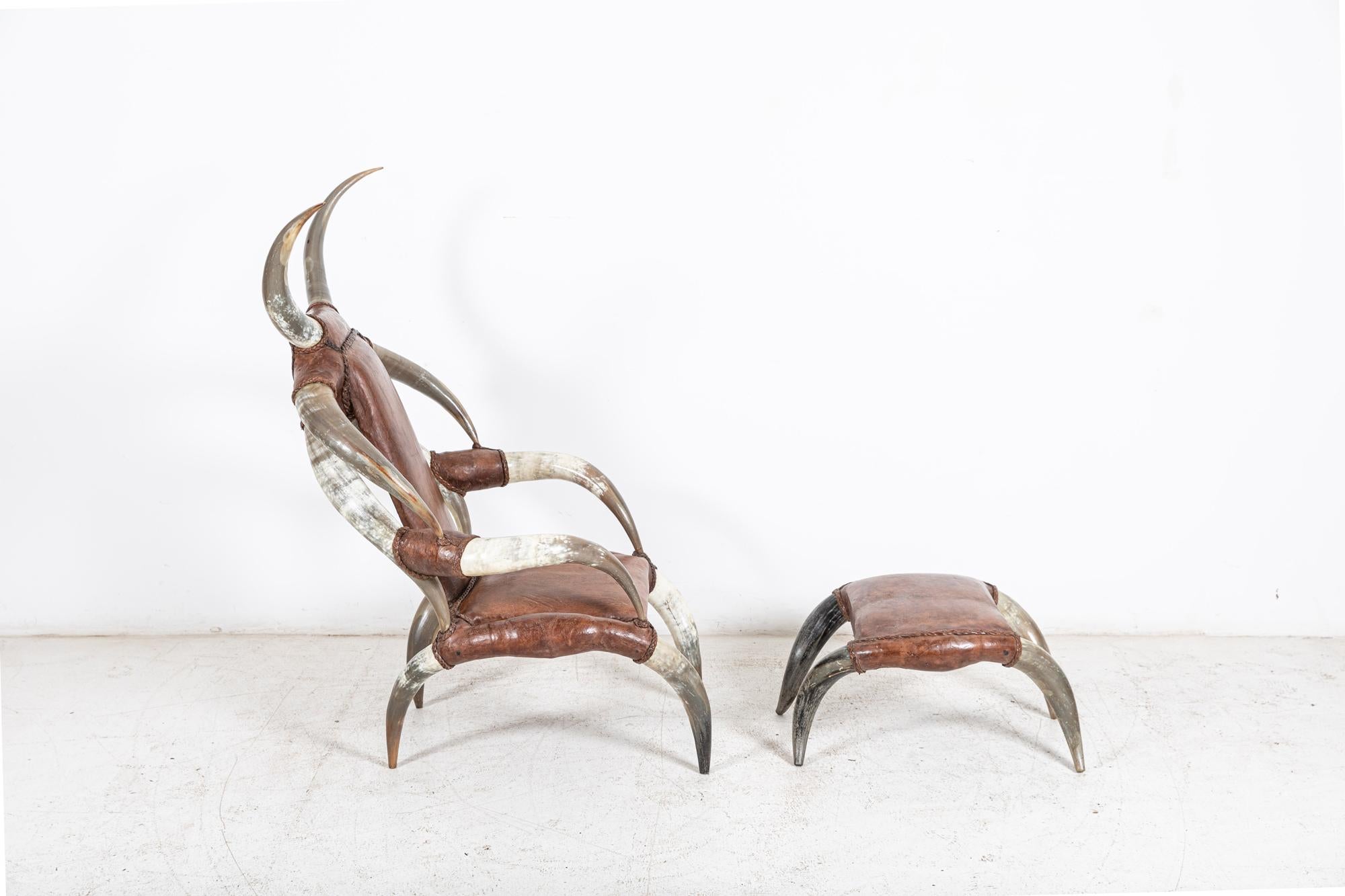 Monumental Horn & Leather Armchair with Foot Stool For Sale 1