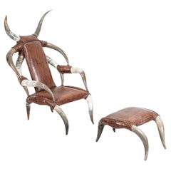 Monumental Horn & Leather Armchair with Foot Stool