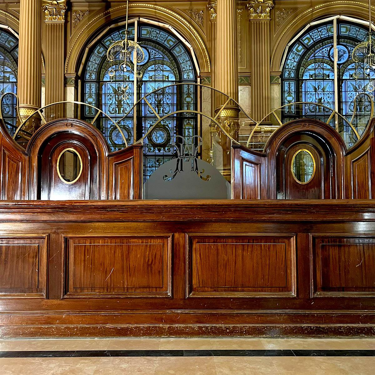 Belgian Monumental hotel reception desk set — 11.5m Front Counter, 16.9m Rear For Sale