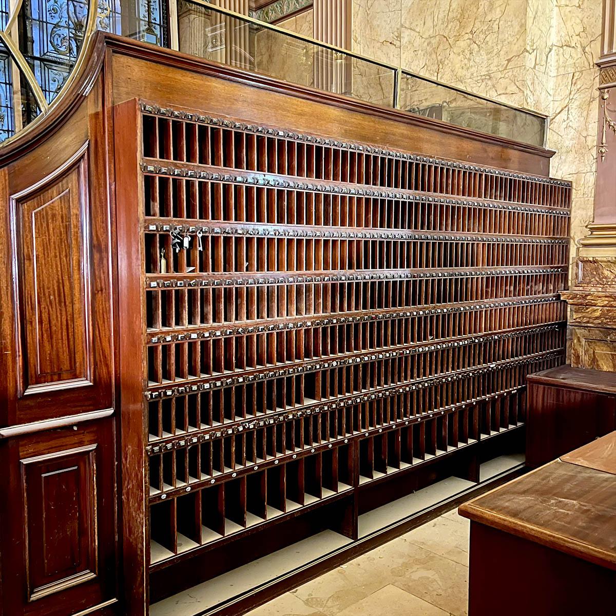 Wood Monumental hotel reception desk set — 11.5m Front Counter, 16.9m Rear For Sale