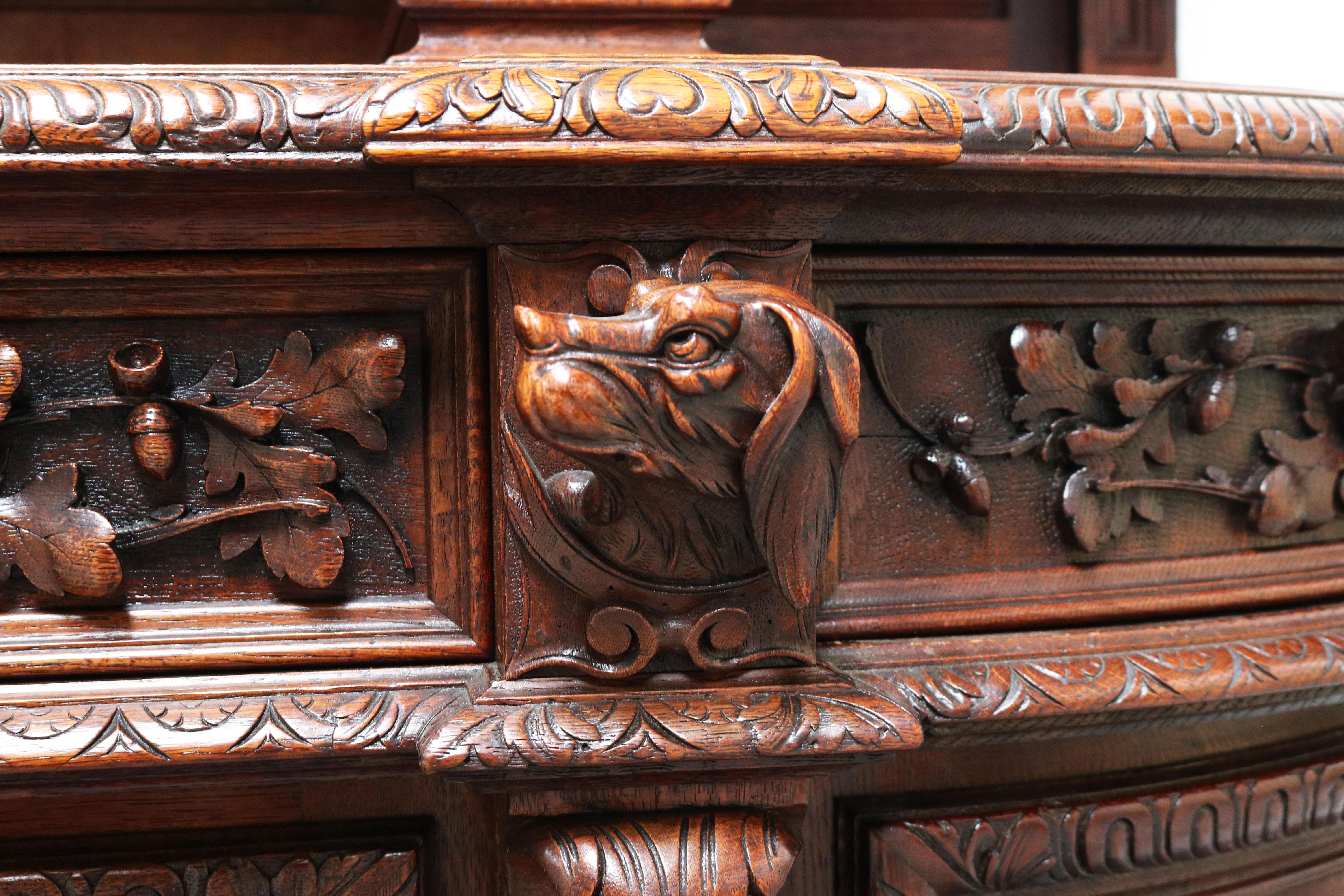 Monumental Hunt Cabinet 19th century carved oak Black Forest French Renaissance For Sale 5