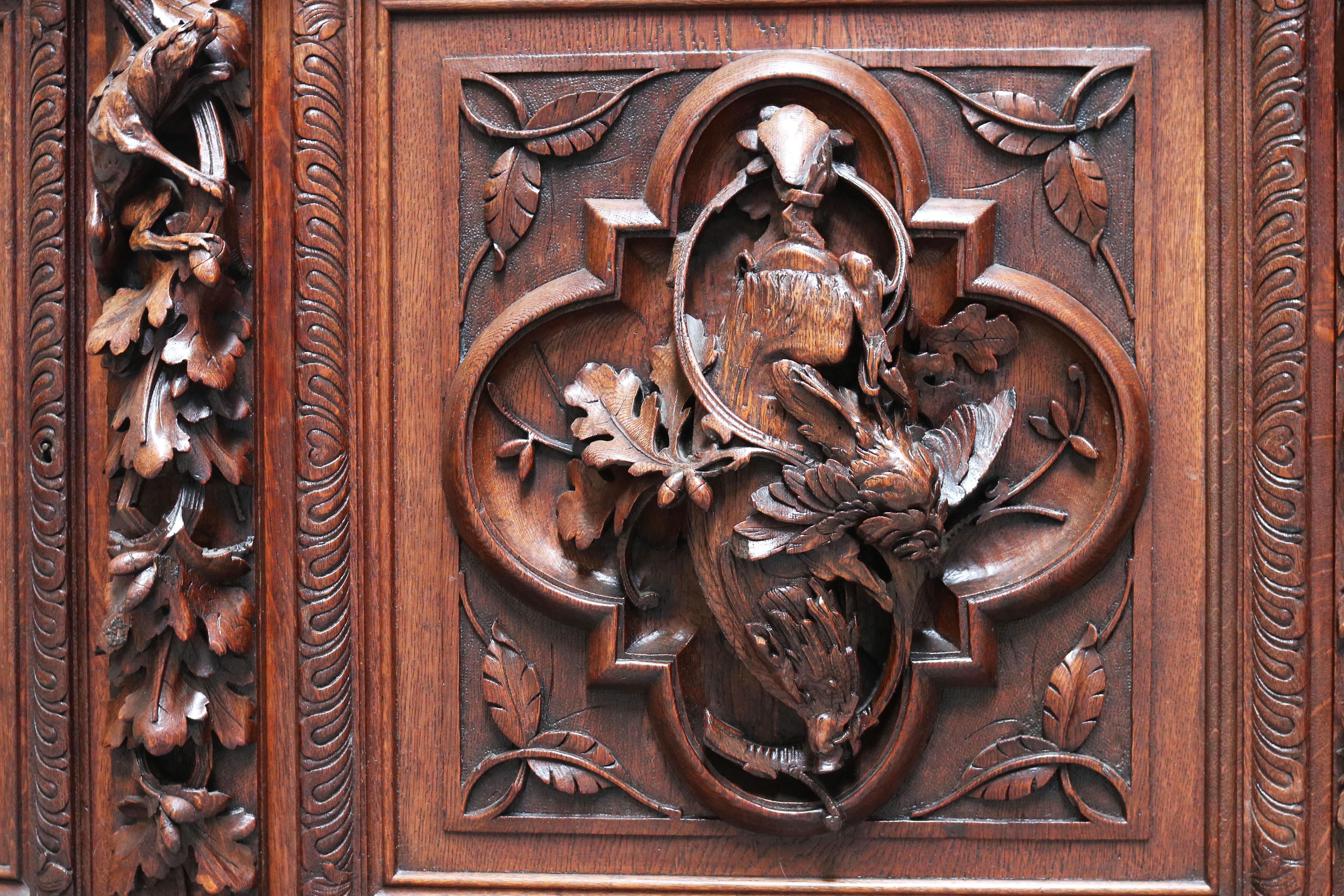 Mid-19th Century Monumental Hunt Cabinet 19th century carved oak Black Forest French Renaissance  For Sale