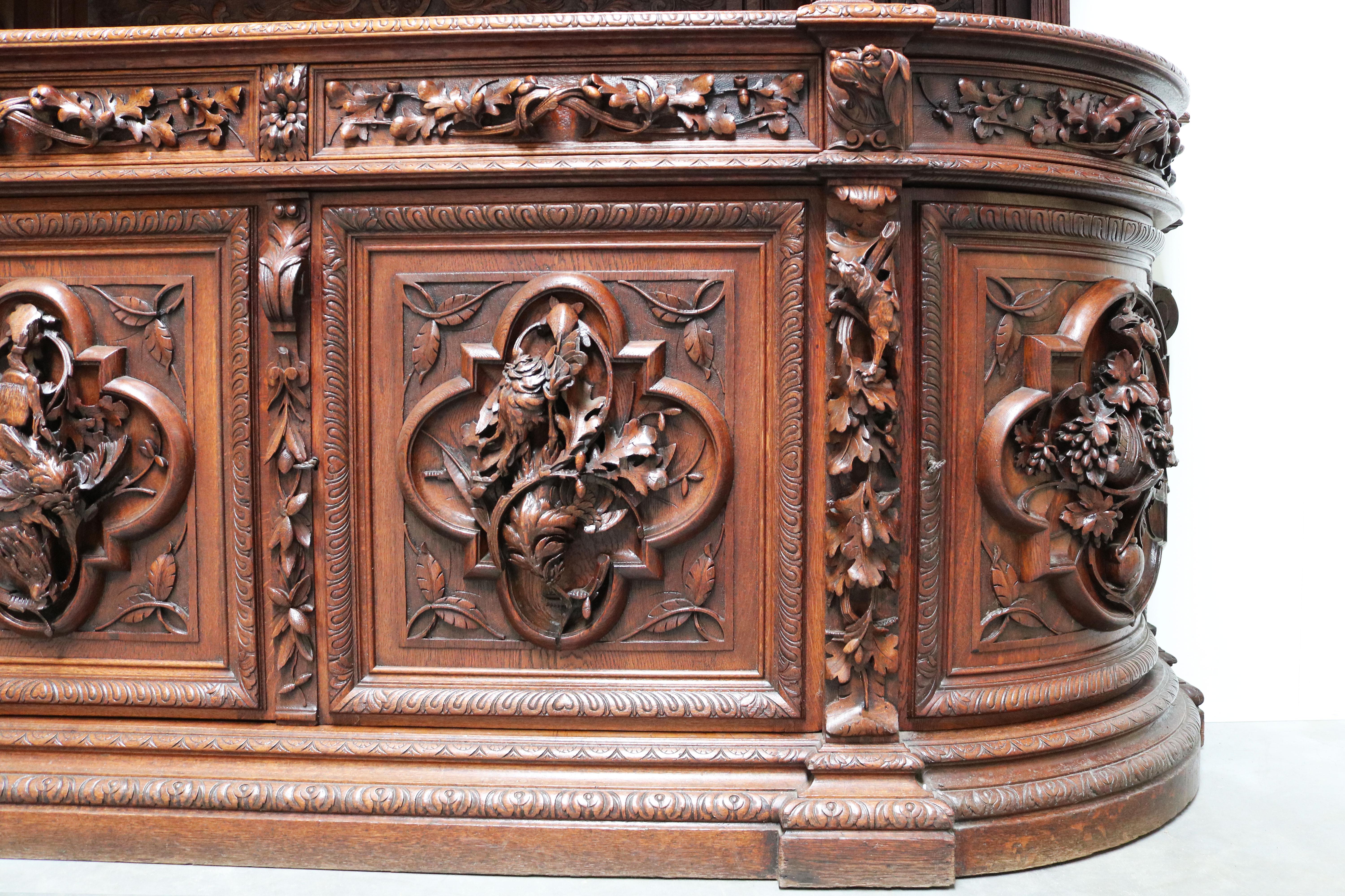 Glass Monumental Hunt Cabinet 19th century carved oak Black Forest French Renaissance  For Sale