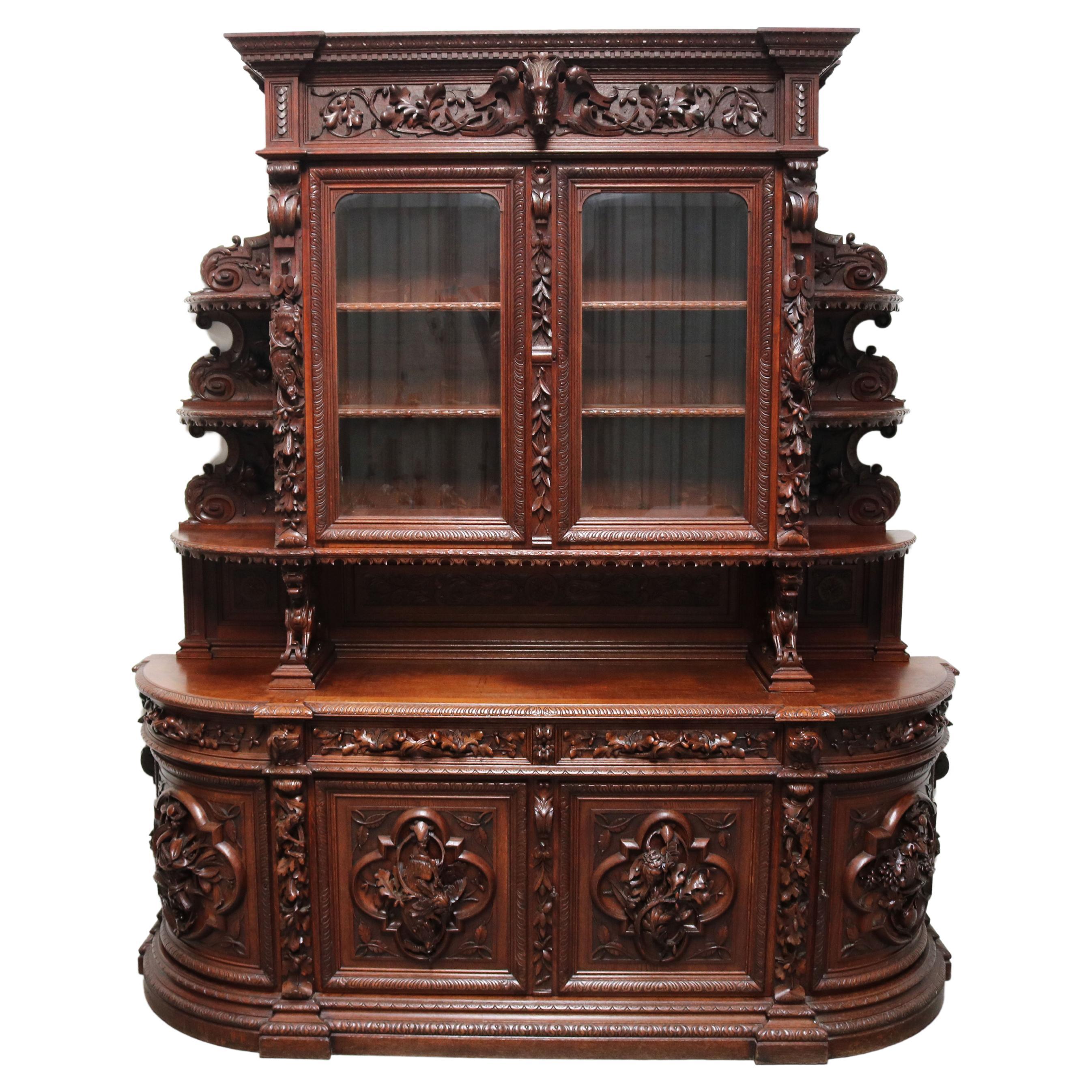 Monumental Hunt Cabinet 19th century carved oak Black Forest French Renaissance  For Sale