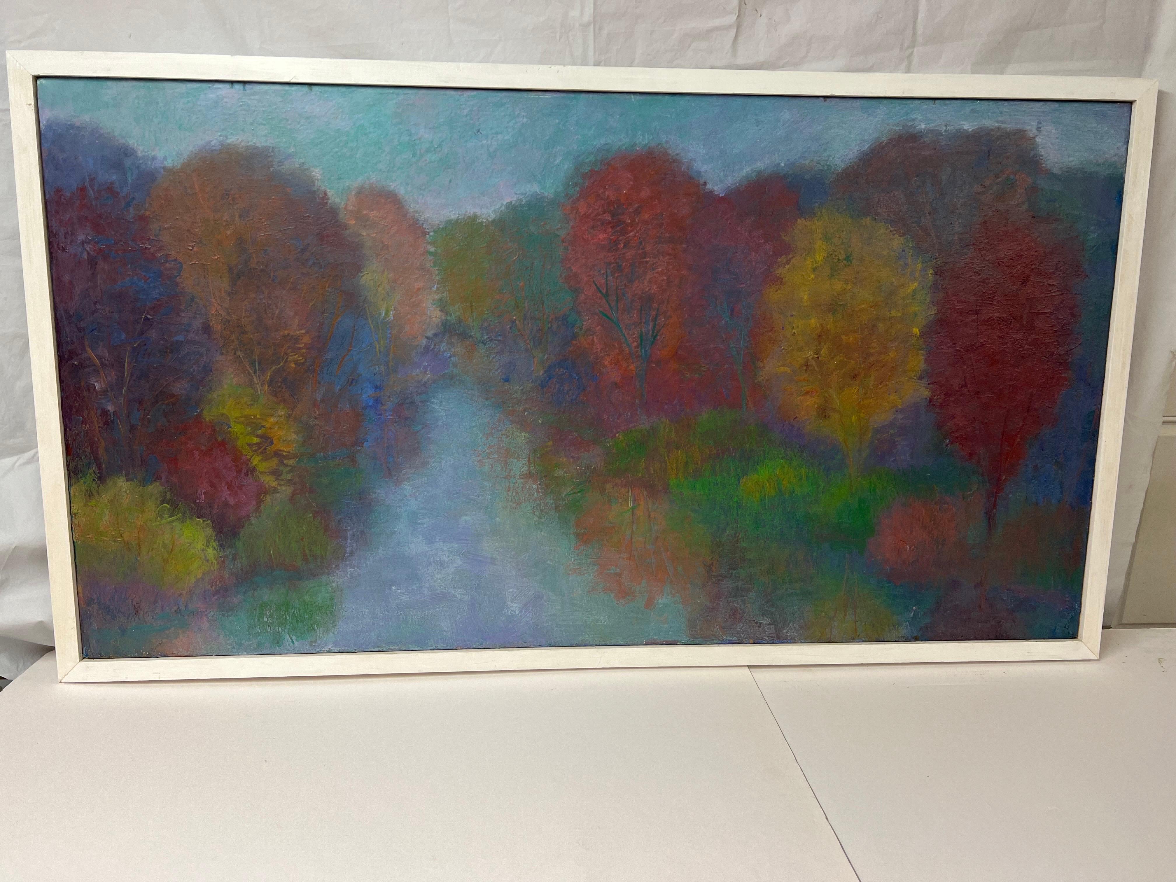 Monumental Impasto Plein Air Painting of Trees. Large mid century painting housed in a simple white frame. Incredible density and texture to this lovely piece of art. 
We recommend this piece to be white glove delivered.