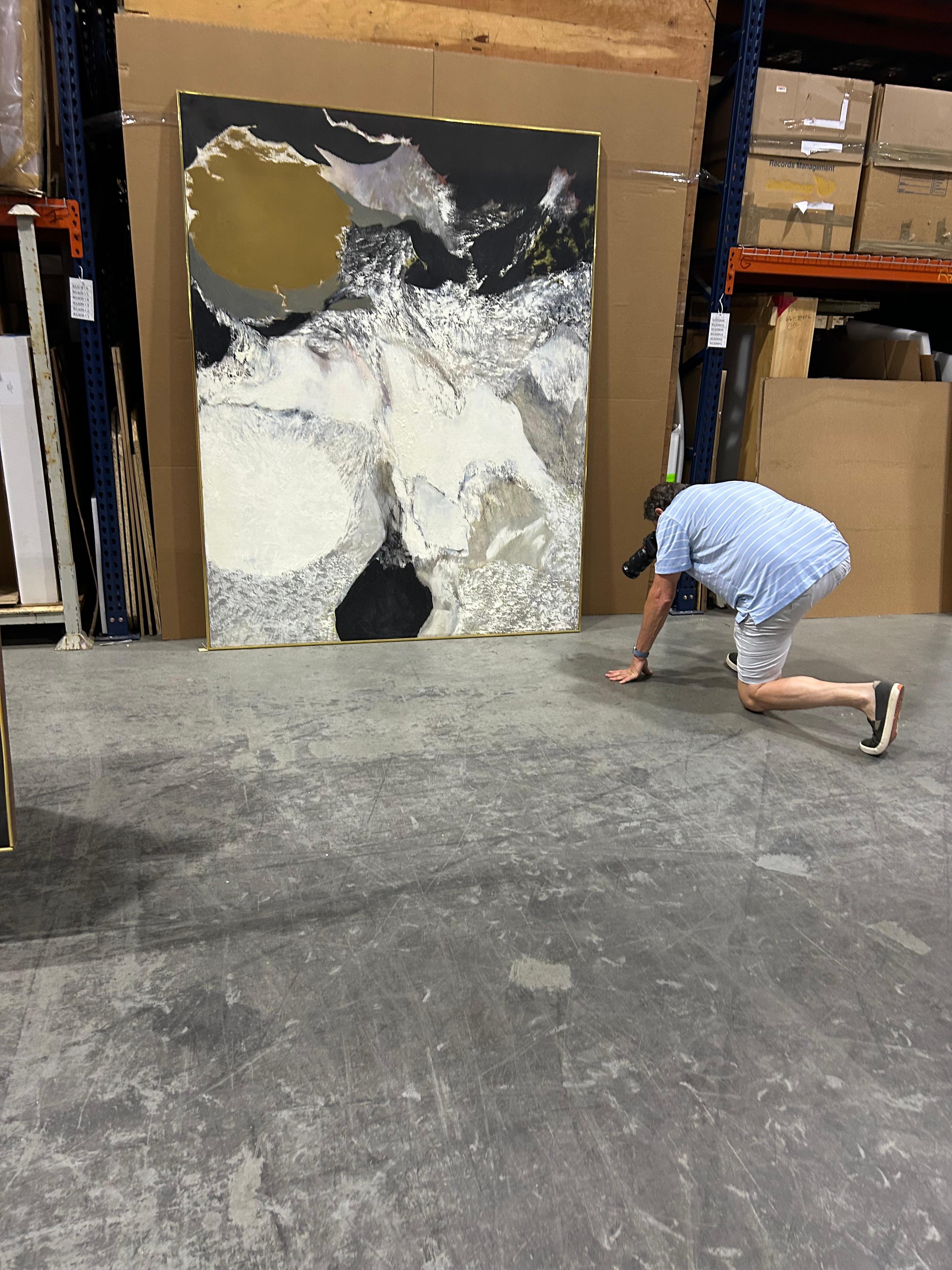 Powerful and monumental in scale, original abstract by famous Princeton artist Thomas George, having confident painterly composition with black white grey and olive green.  Heavy impasto, signed lower right.
Marked #12 on reverse.

Thomas George