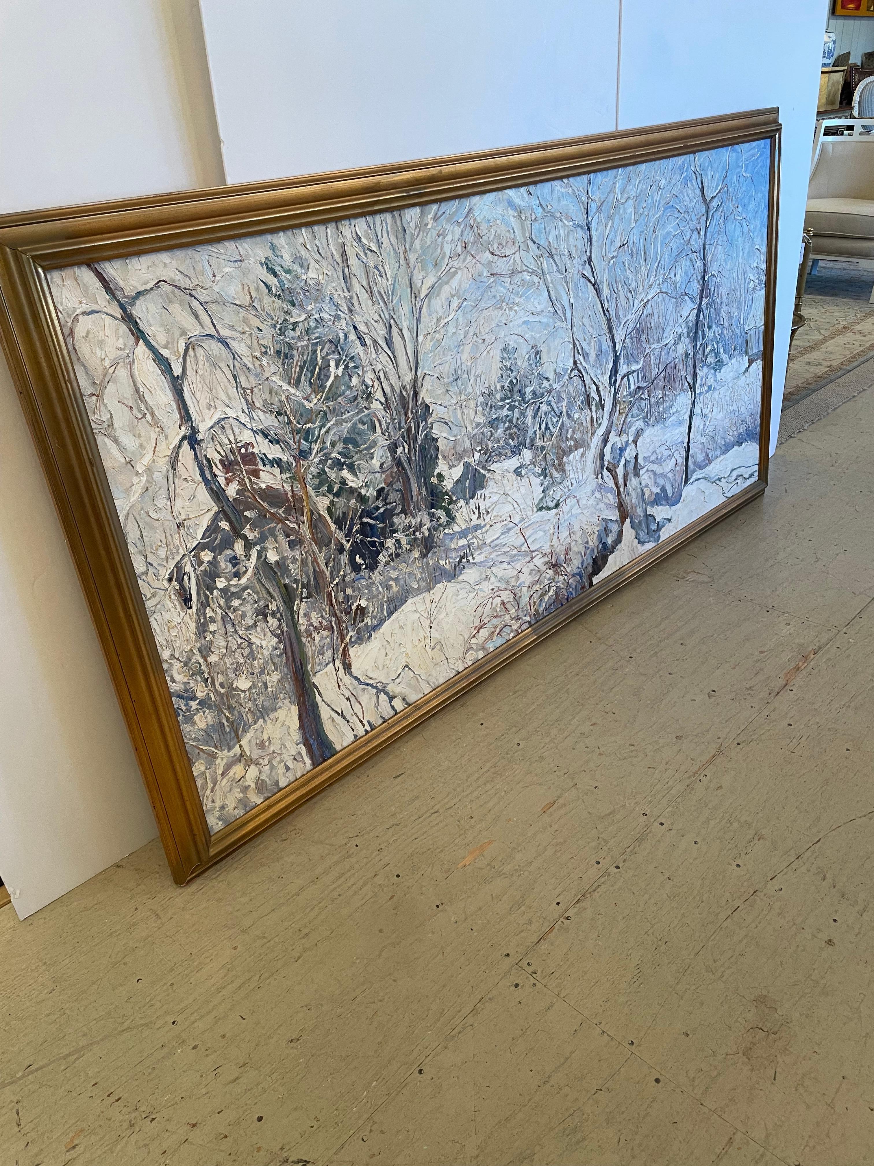 Gigantesco e bellissimo paesaggio innevato olio su tela con stile pittorico sciolto di un artista contemporaneo della contea di Bucks.