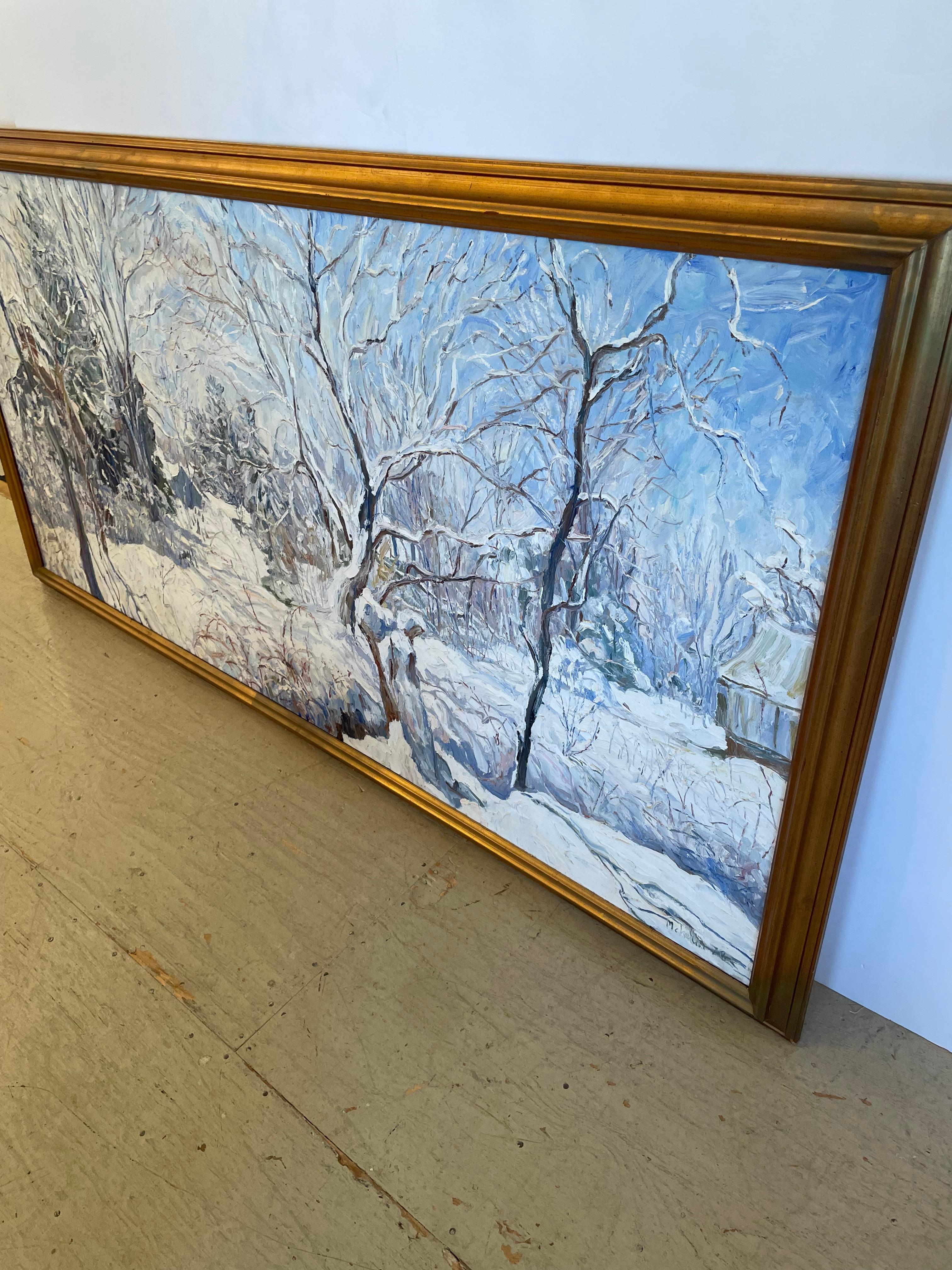 Moderno Monumentale scena di neve impressionante olio su tela in vendita