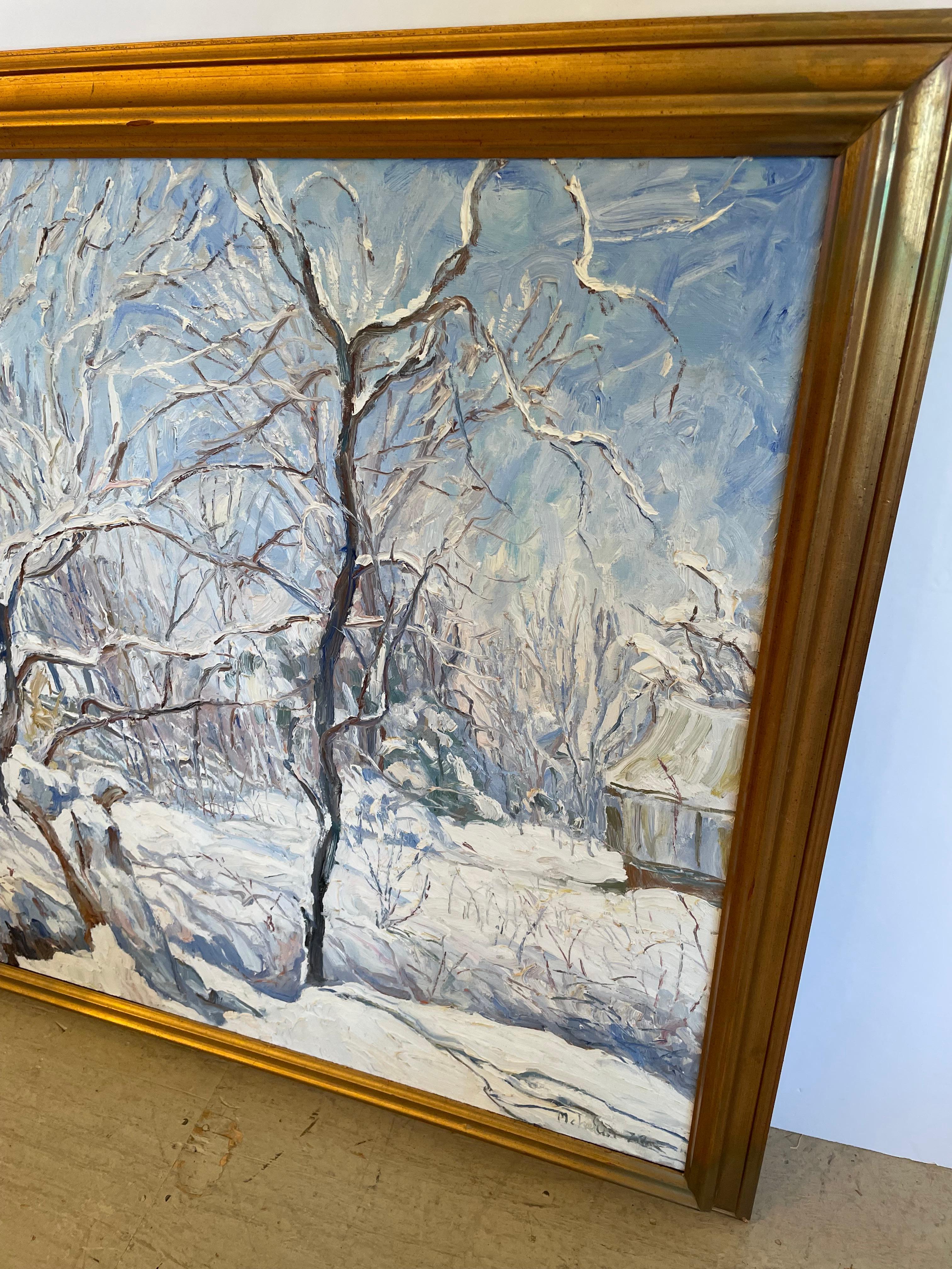 Tela Monumentale scena di neve impressionante olio su tela in vendita