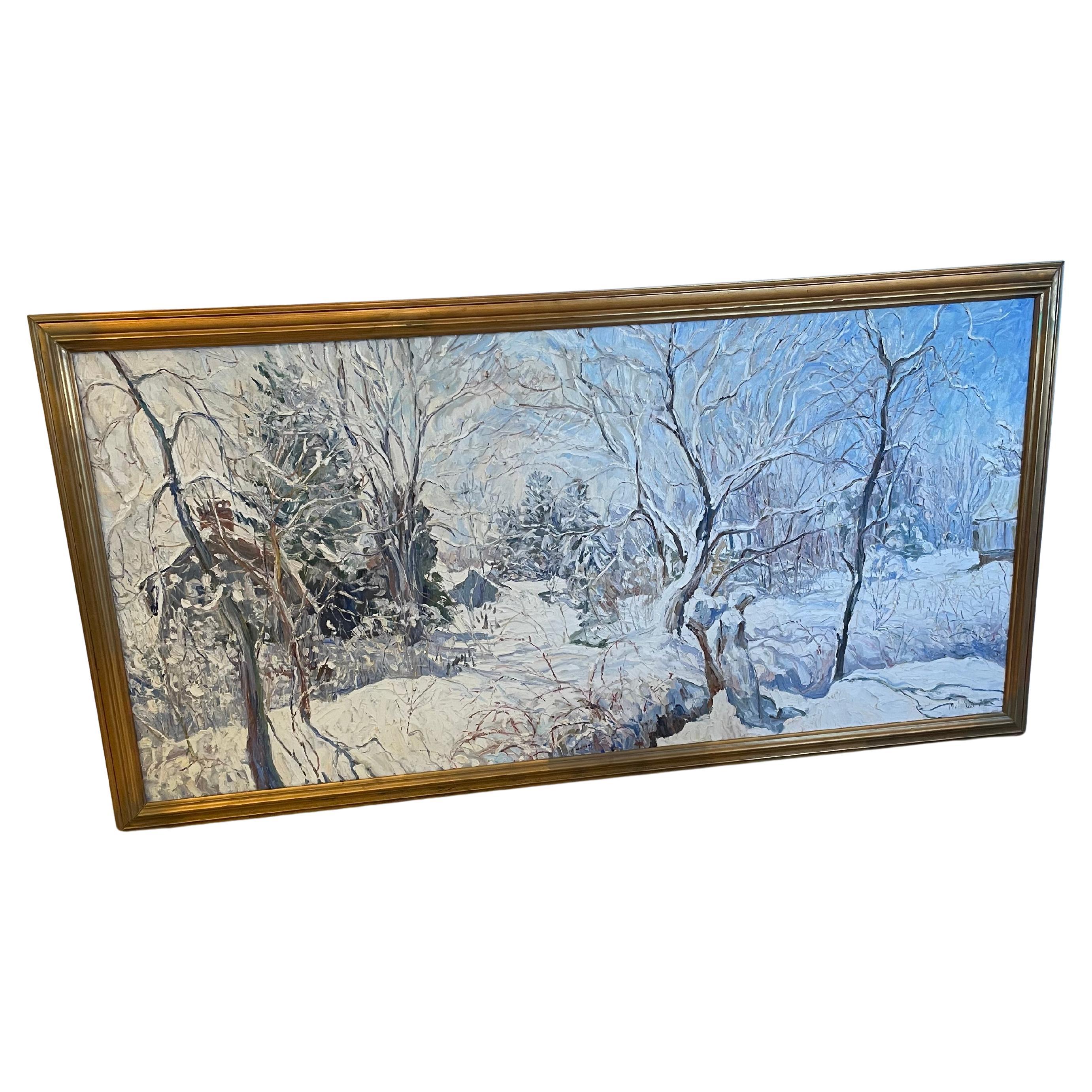 Monumental Impressive Snow Scene Oil on Canvas