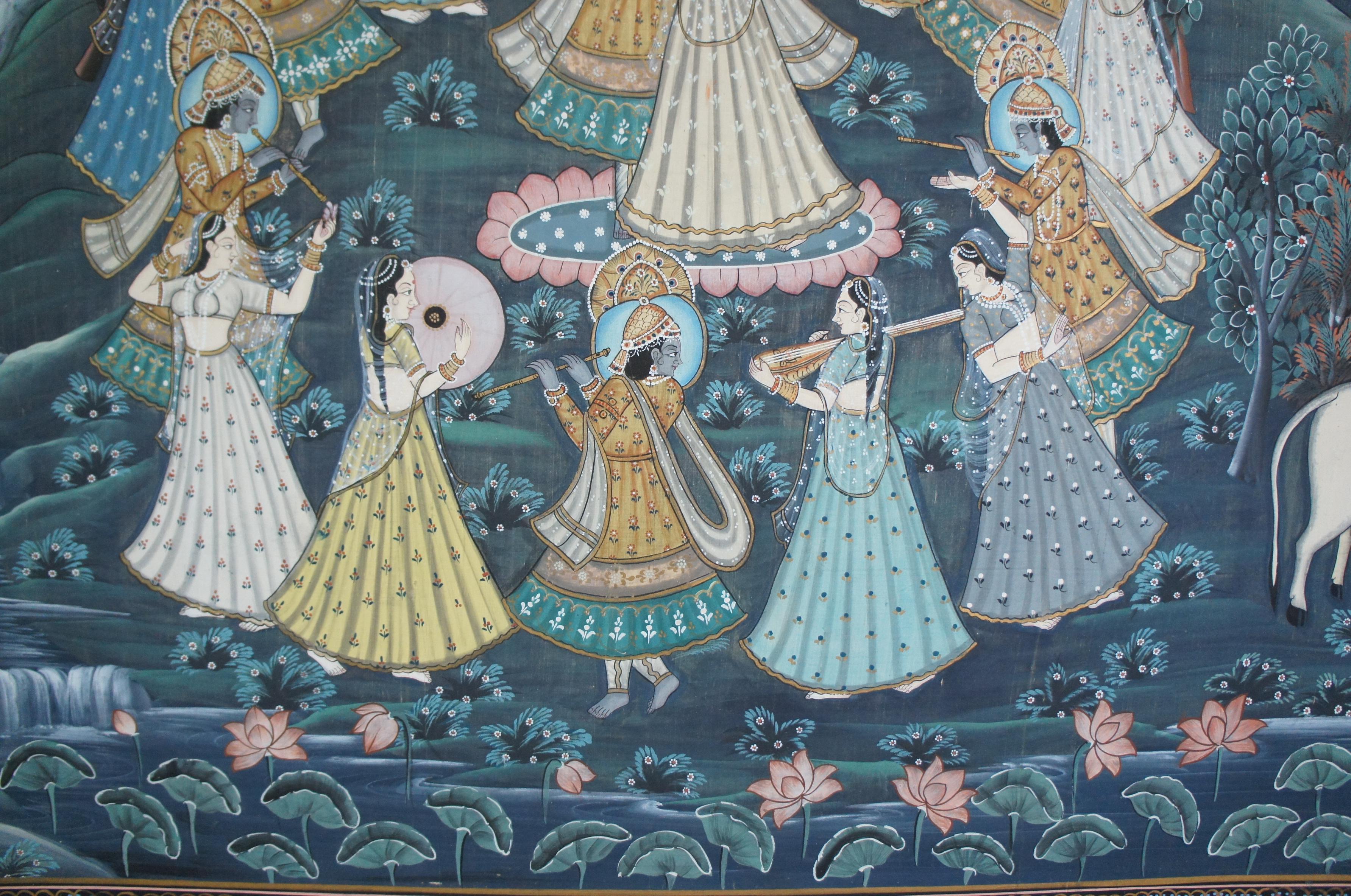 Monumental Indian Pichhwai Painting Silk Radha Krishna Music Dancing Gopis For Sale 6