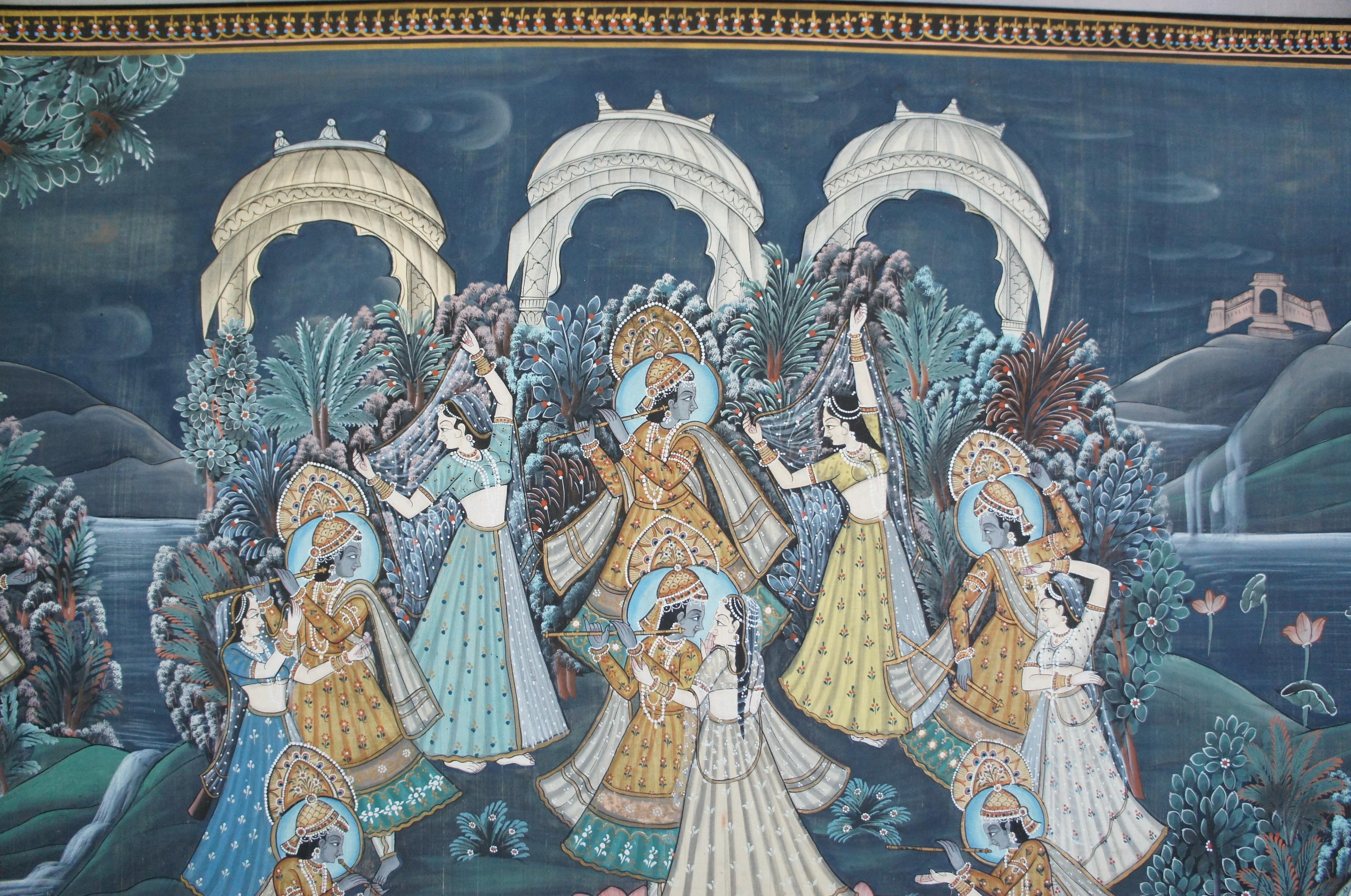 Monumental Indian Pichhwai Painting Silk Radha Krishna Music Dancing Gopis For Sale 7