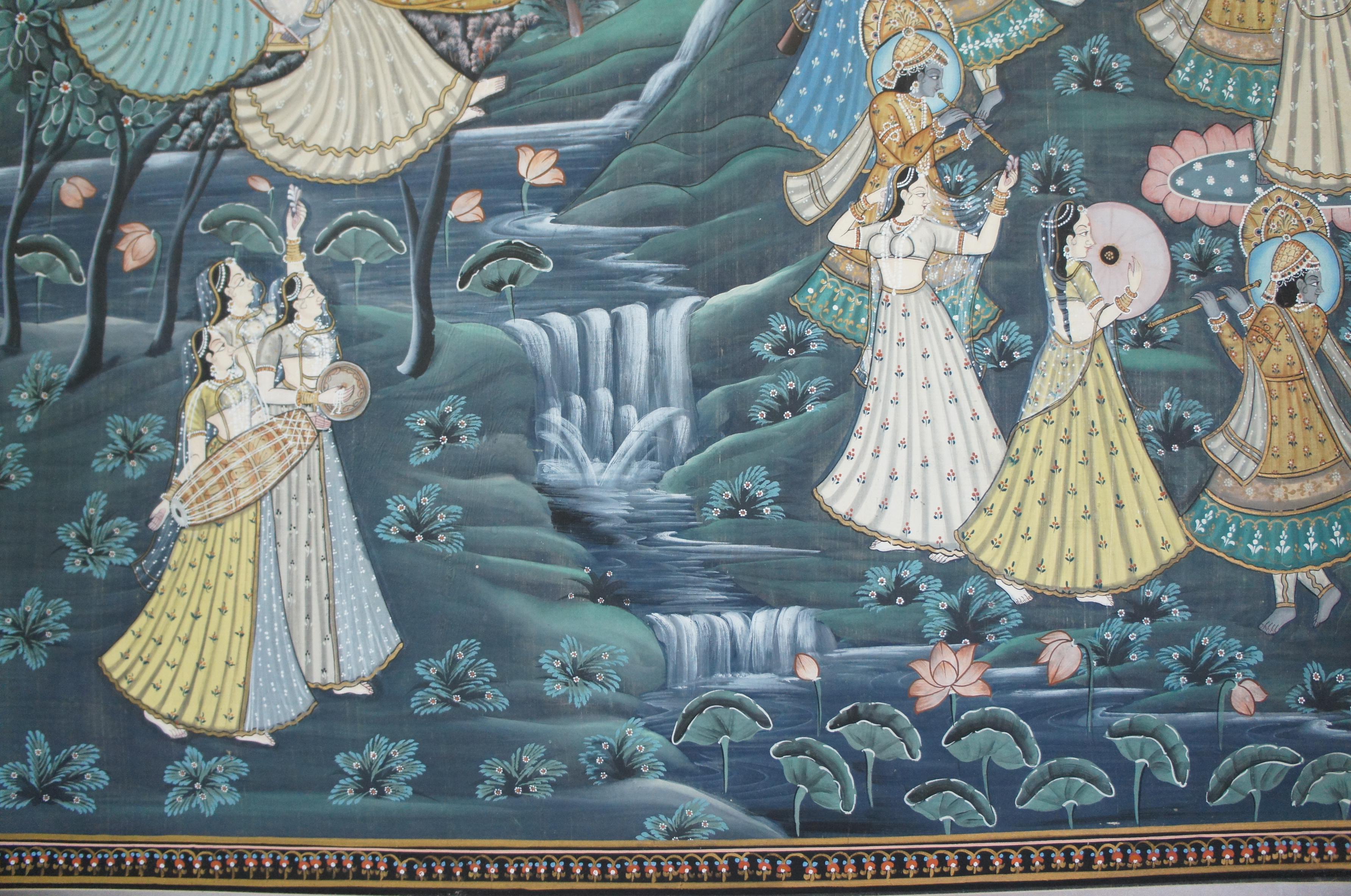 Monumental Indian Pichhwai Painting Silk Radha Krishna Music Dancing Gopis For Sale 8