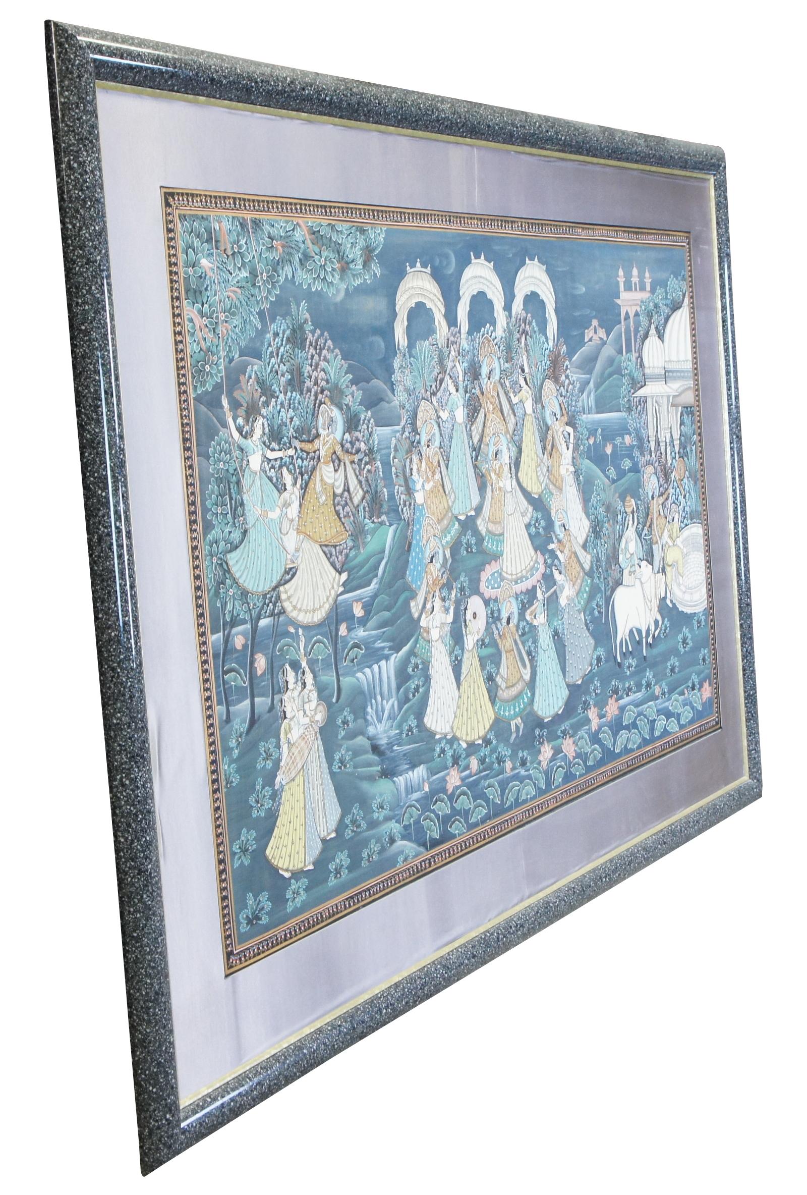 Monumental Indian Pichhwai Painting Silk Radha Krishna Music Dancing Gopis In Good Condition For Sale In Dayton, OH